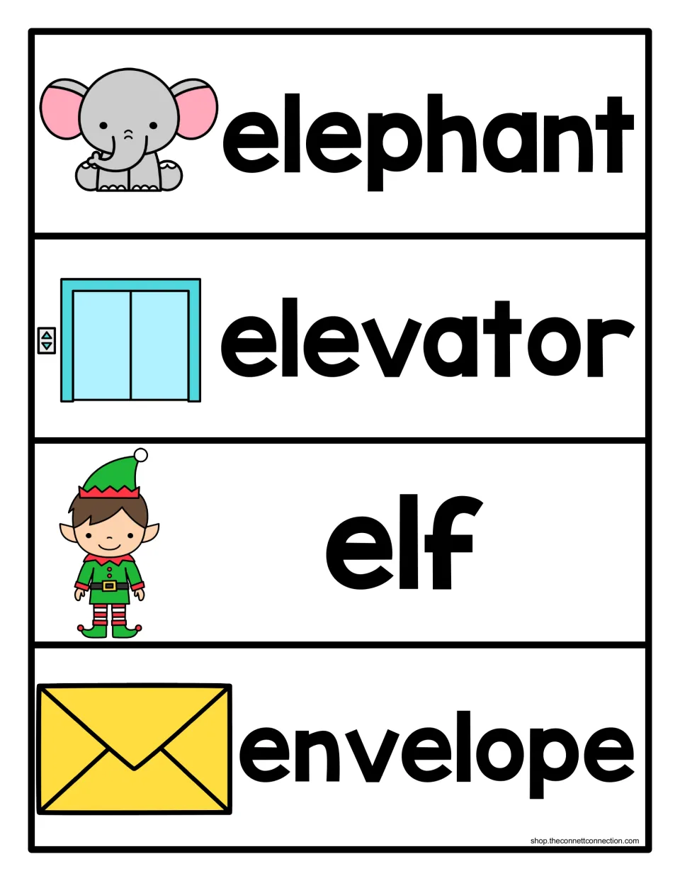Letter E picture word cards for elephant, elevator, elf and envelope, each bold word paired with a matching picture