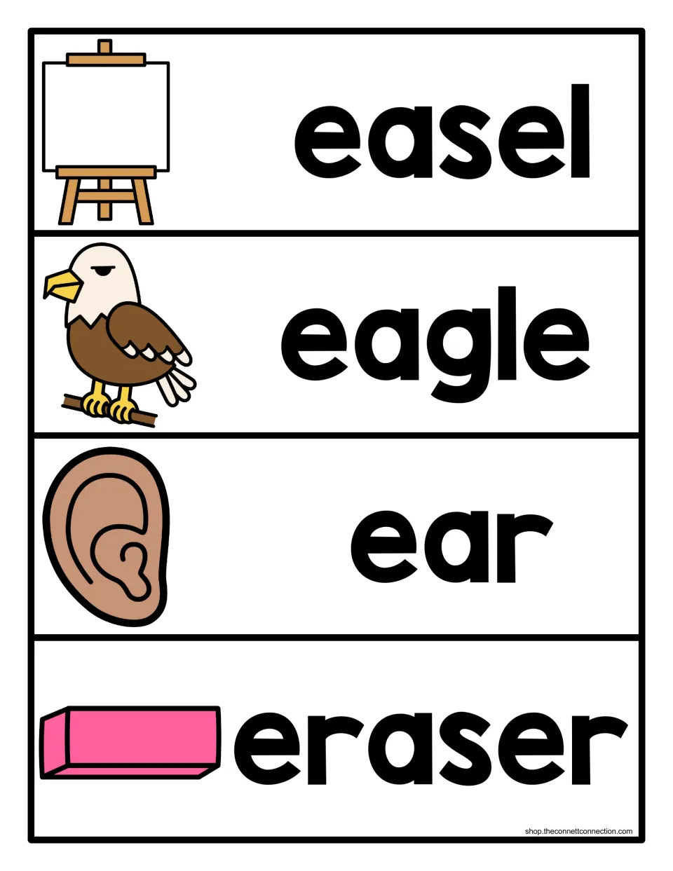 Letter E picture word cards for easel, eagle, ear and eraser, each bold word paired with a picture to name and read