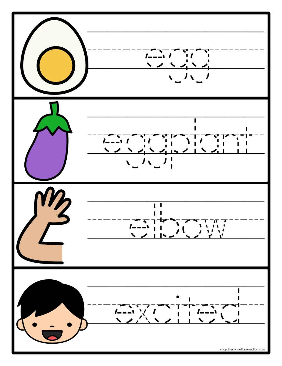 Handwriting practice: students trace the dotted words egg, eggplant, elbow and excited next to each matching picture