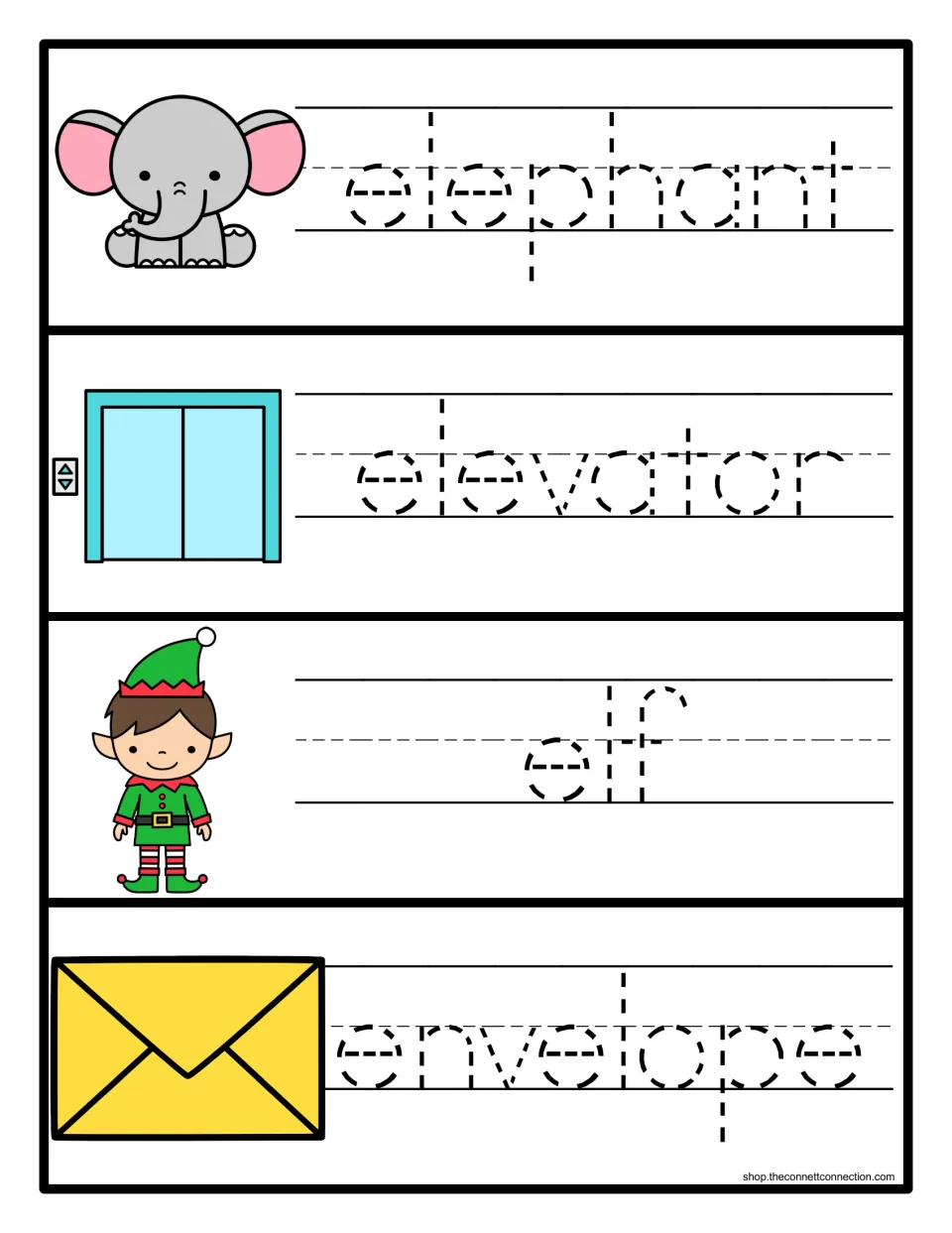 Handwriting practice: students trace the dotted words elephant, elevator, elf and envelope beside their pictures