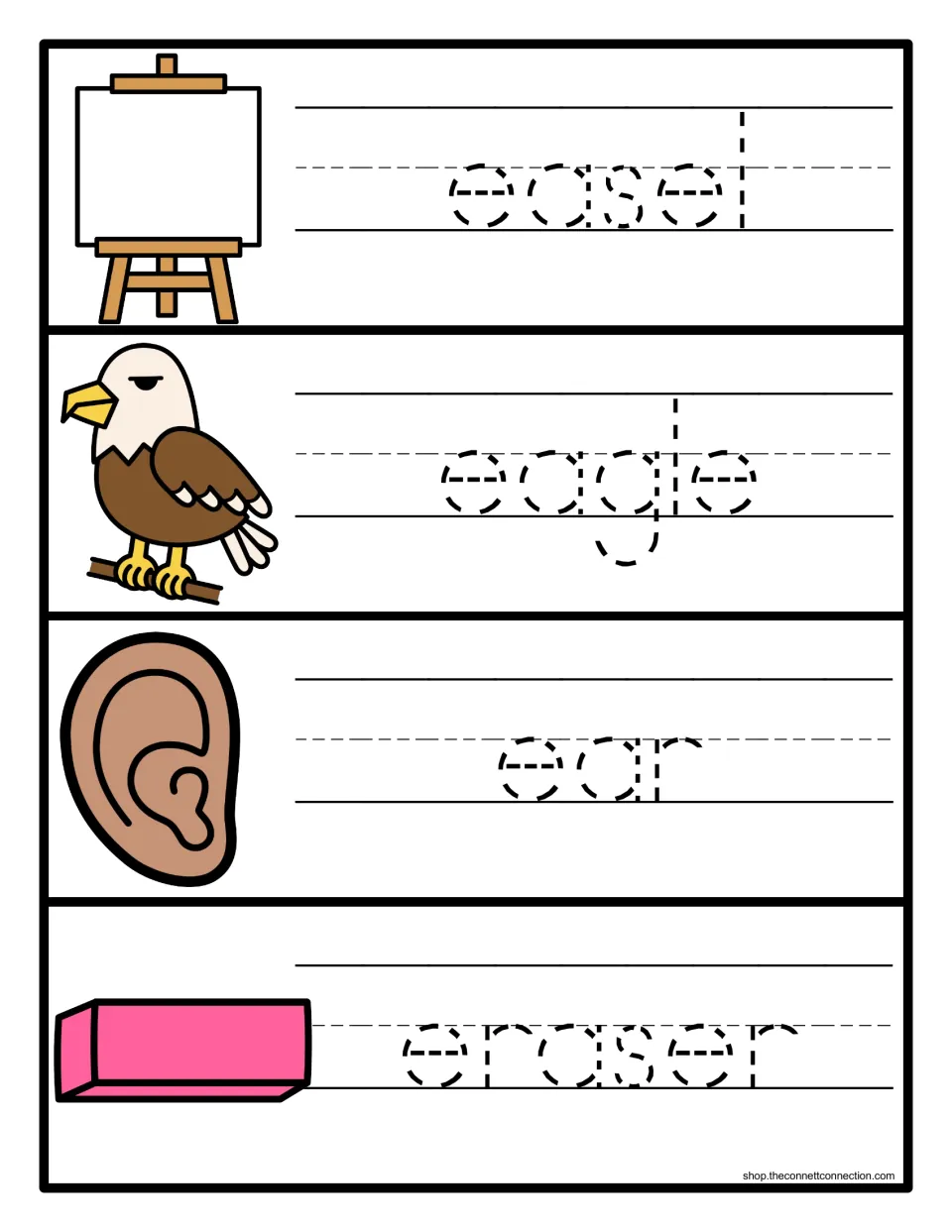 Handwriting practice: students trace the dotted words easel, eagle, ear and eraser on writing lines by each picture