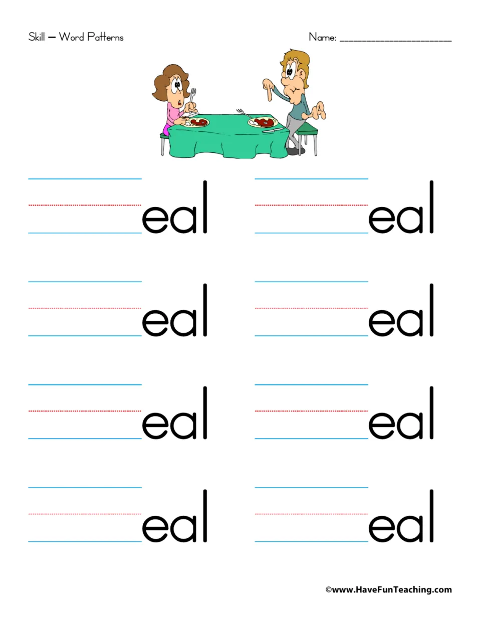 -eal word family: students write a first letter before eal to build 8 words; picture shows two people at a meal