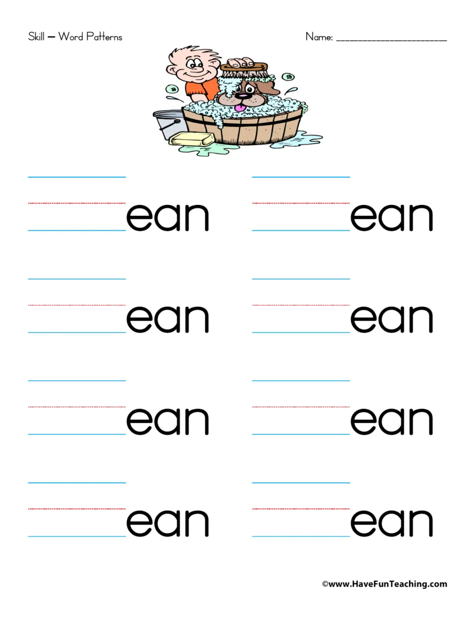 -ean word family: students add a first letter to ean to build 8 words; picture shows a boy scrubbing a dog in a tub
