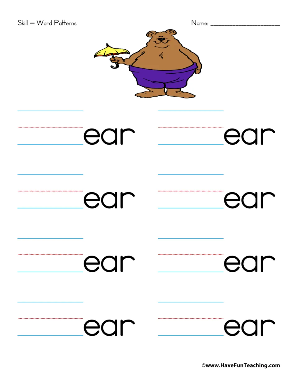 -ear word family: students write onsets before ear to form 8 rhyming words; picture shows a bear holding an umbrella