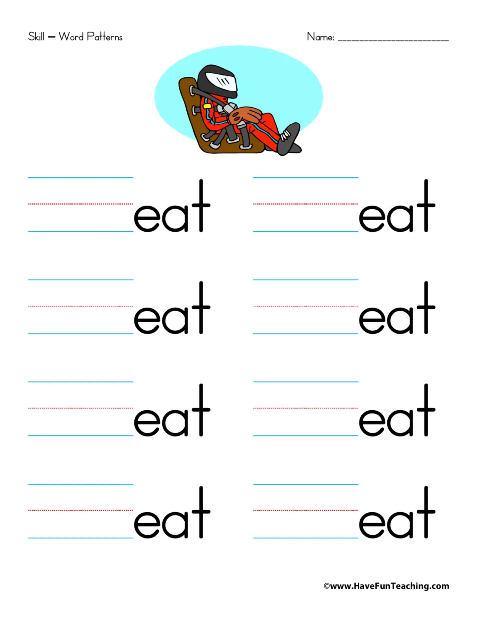 -eat word family: students fill in a first letter before eat to make 8 words; picture shows a racer buckled in a seat