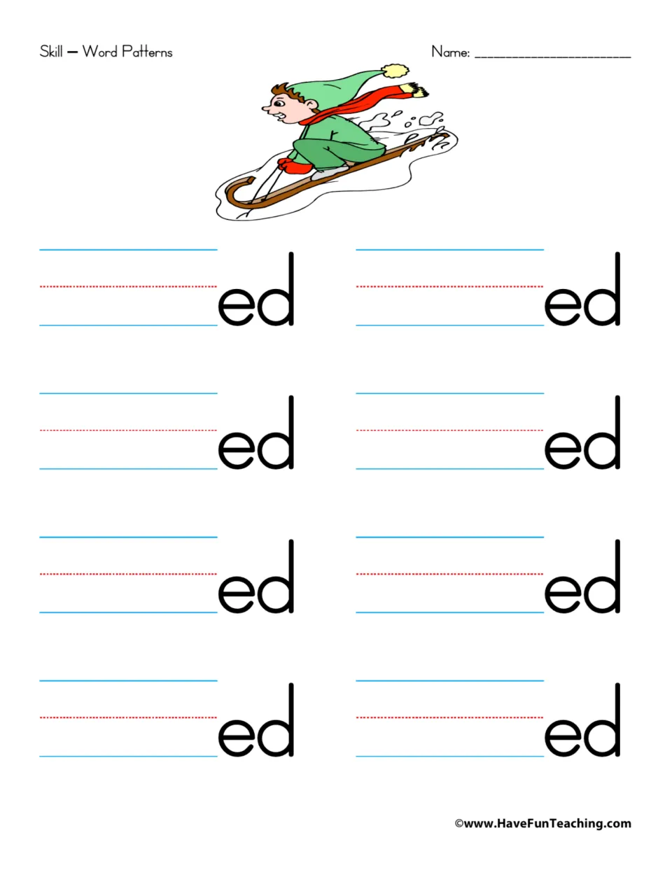 -ed word family: students add letters in front of ed to write 8 short e words; picture shows a child riding a sled