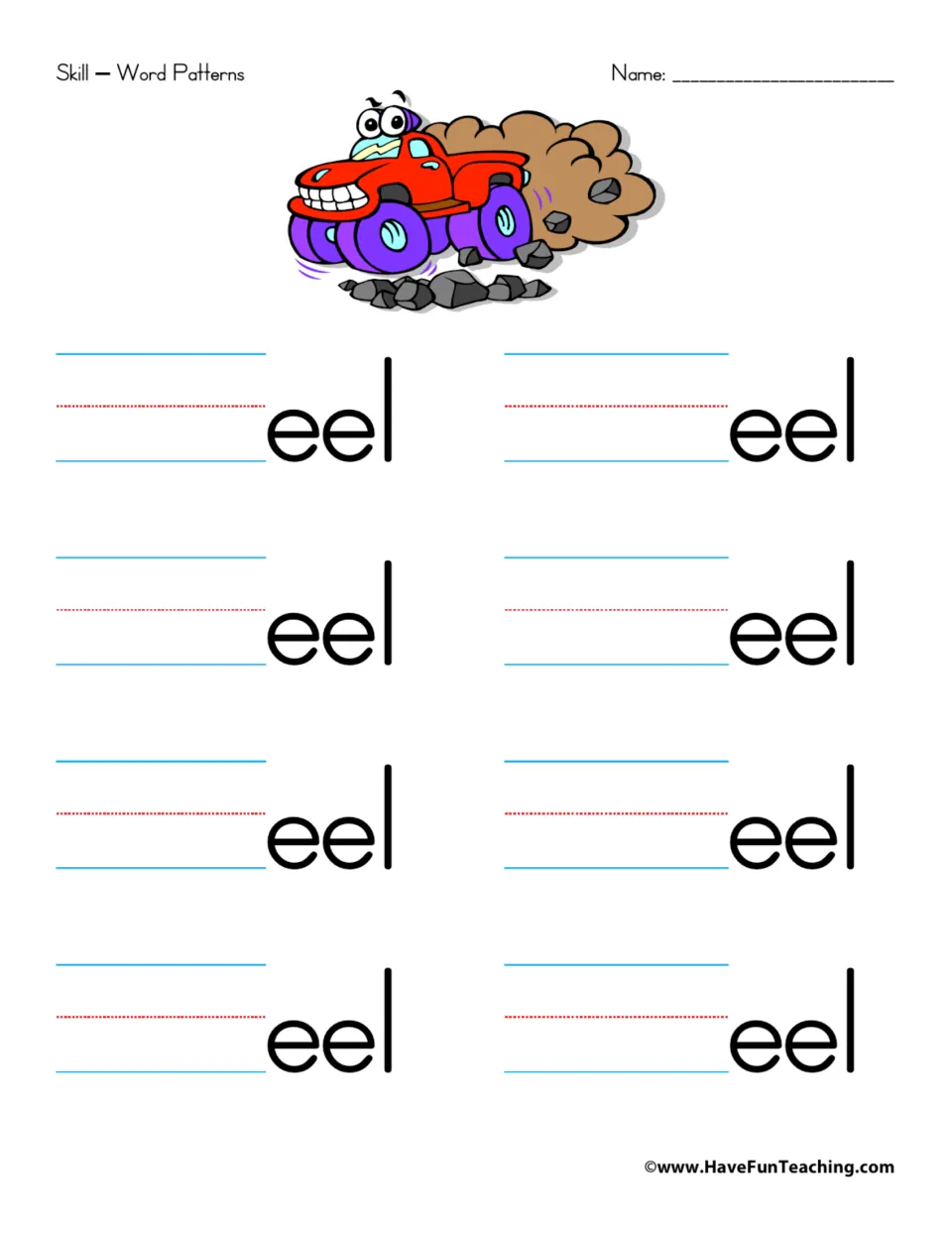 -eel word family: students write beginning sounds before eel to build 8 words; picture shows a monster truck
