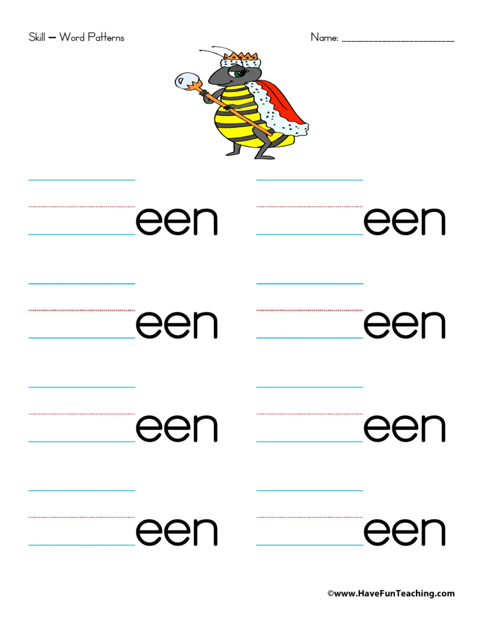 -een word family: students add first letters to een to make 8 rhyming words; picture shows a queen bee in a crown