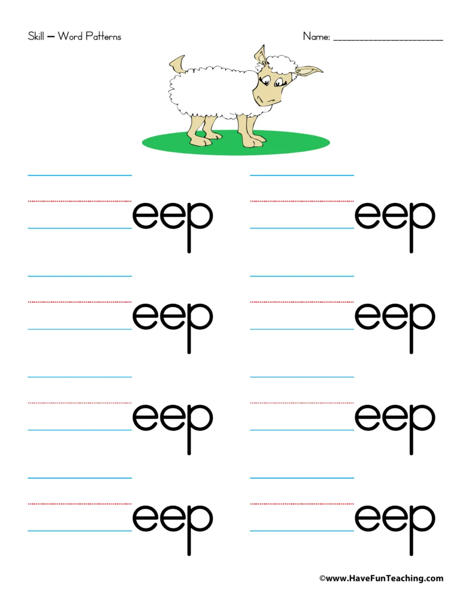 -eep word family: students write onsets in front of eep to create 8 words; picture shows a sheep standing on grass