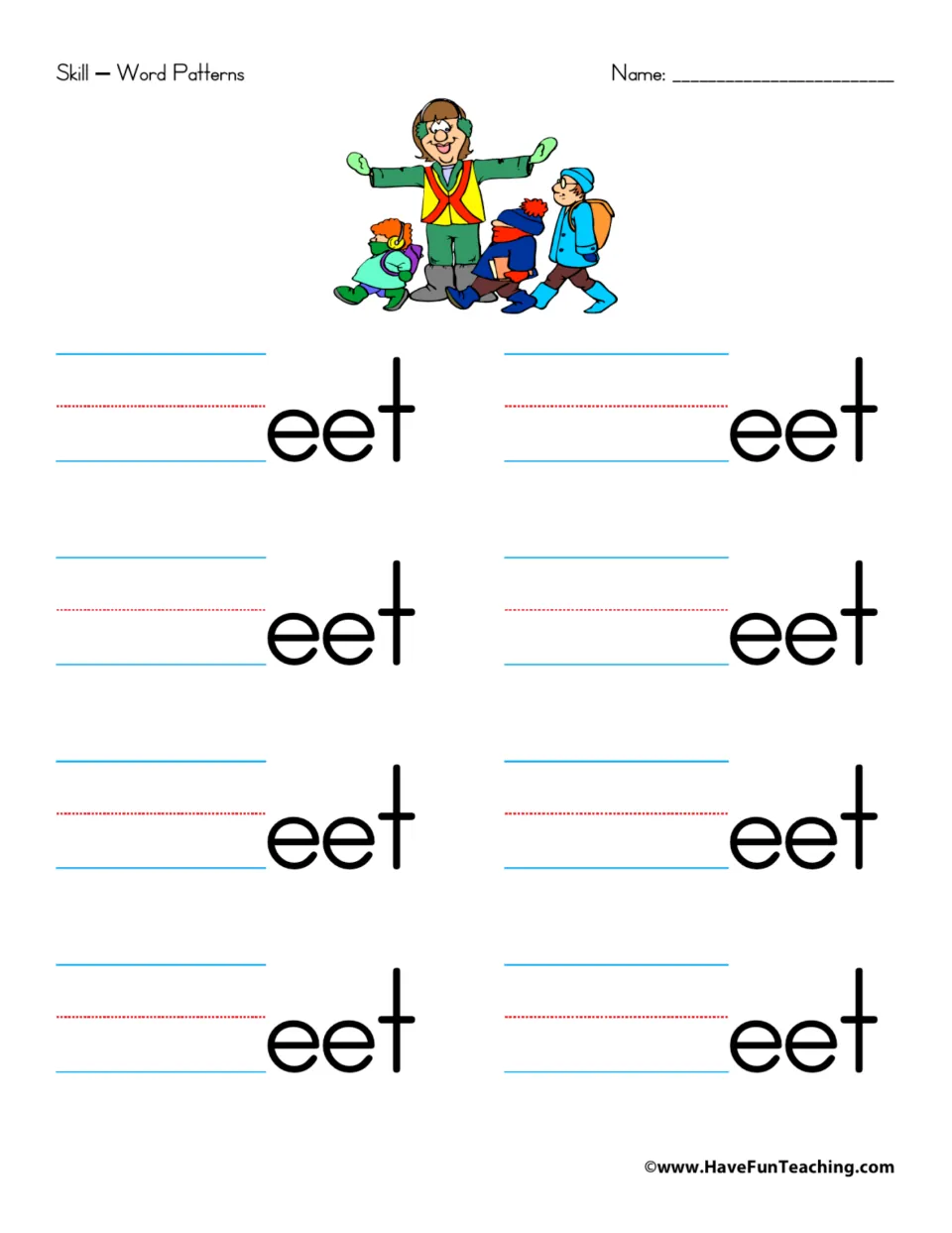 -eet word family: students add beginning letters before eet for 8 words; picture shows a crossing guard and children