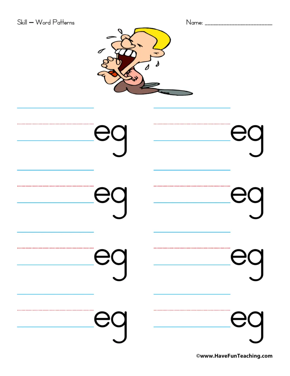 -eg word family: students write a first letter before eg to form 8 short e words; picture shows a crying boy