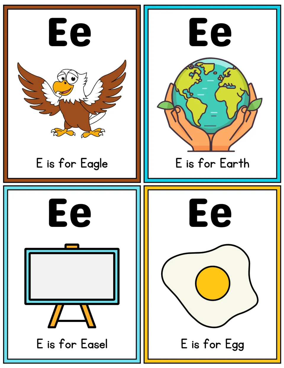 Letter Ee color flashcards: E is for Eagle, Earth, Easel and Egg, each word shown with a picture of it