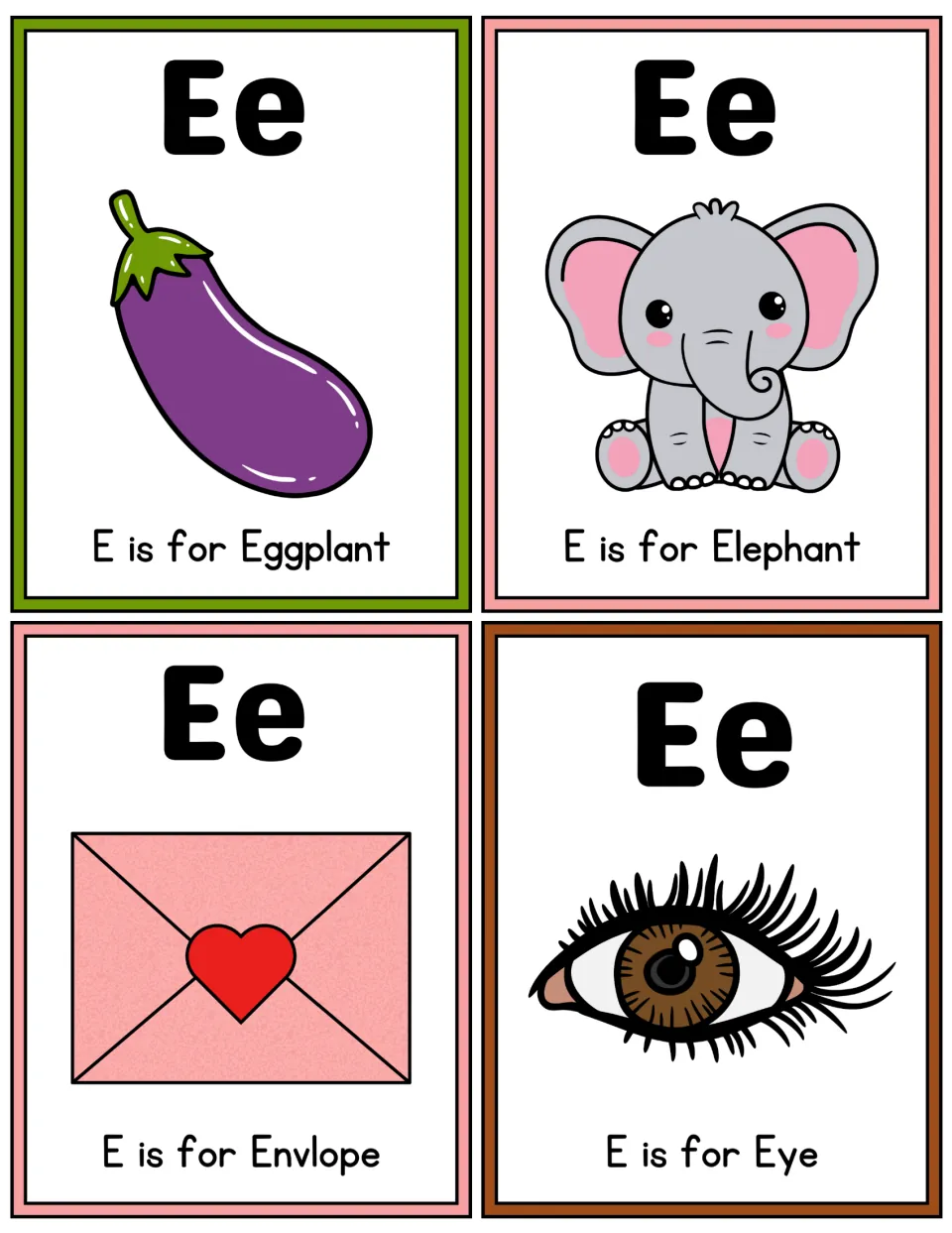 Letter Ee color flashcards: E is for Eggplant, Elephant, Envelope and Eye, pairing each word with a matching picture