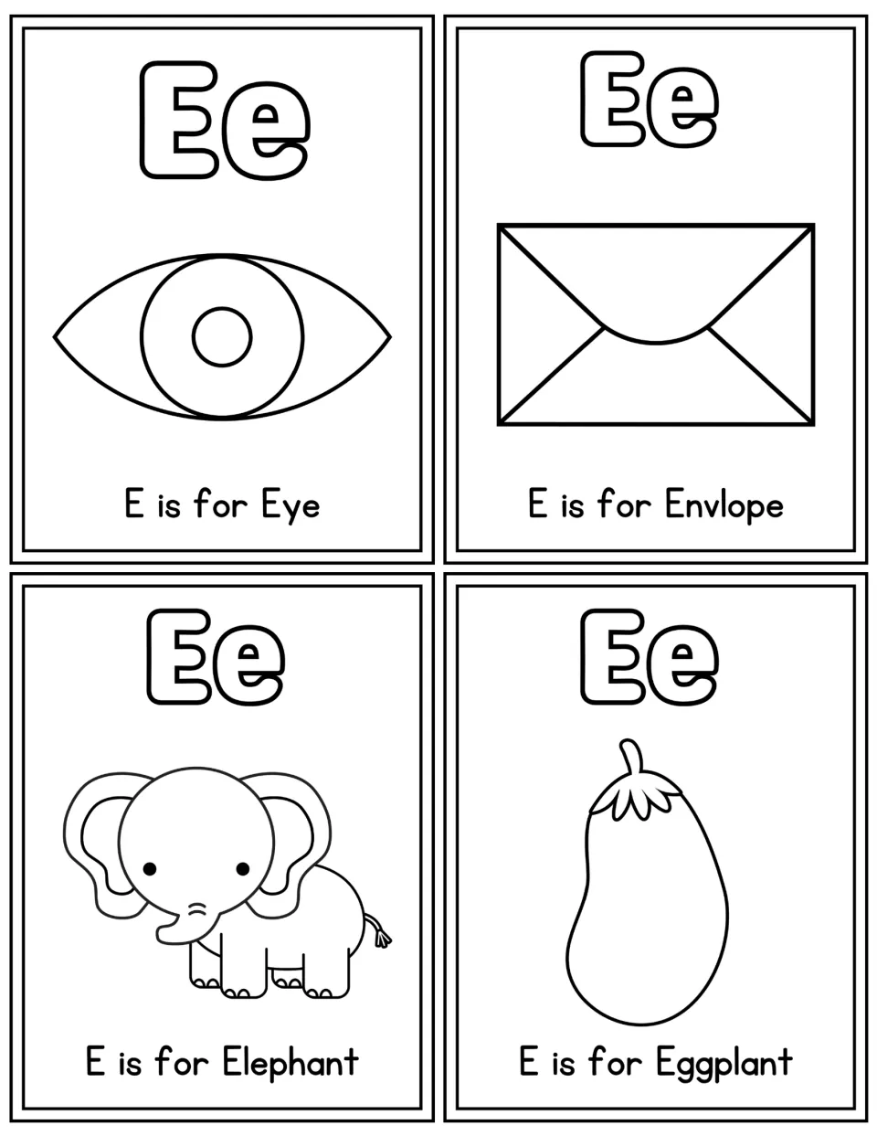 Letter Ee coloring flashcards: outlined Eye, Envelope, Elephant and Eggplant pictures for students to color and name