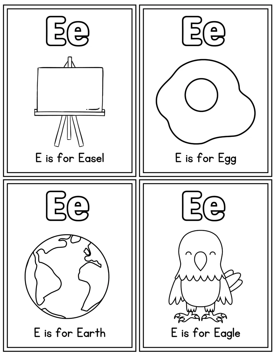 Letter Ee coloring flashcards: outlined Easel, Egg, Earth and Eagle pictures for students to color while saying each word