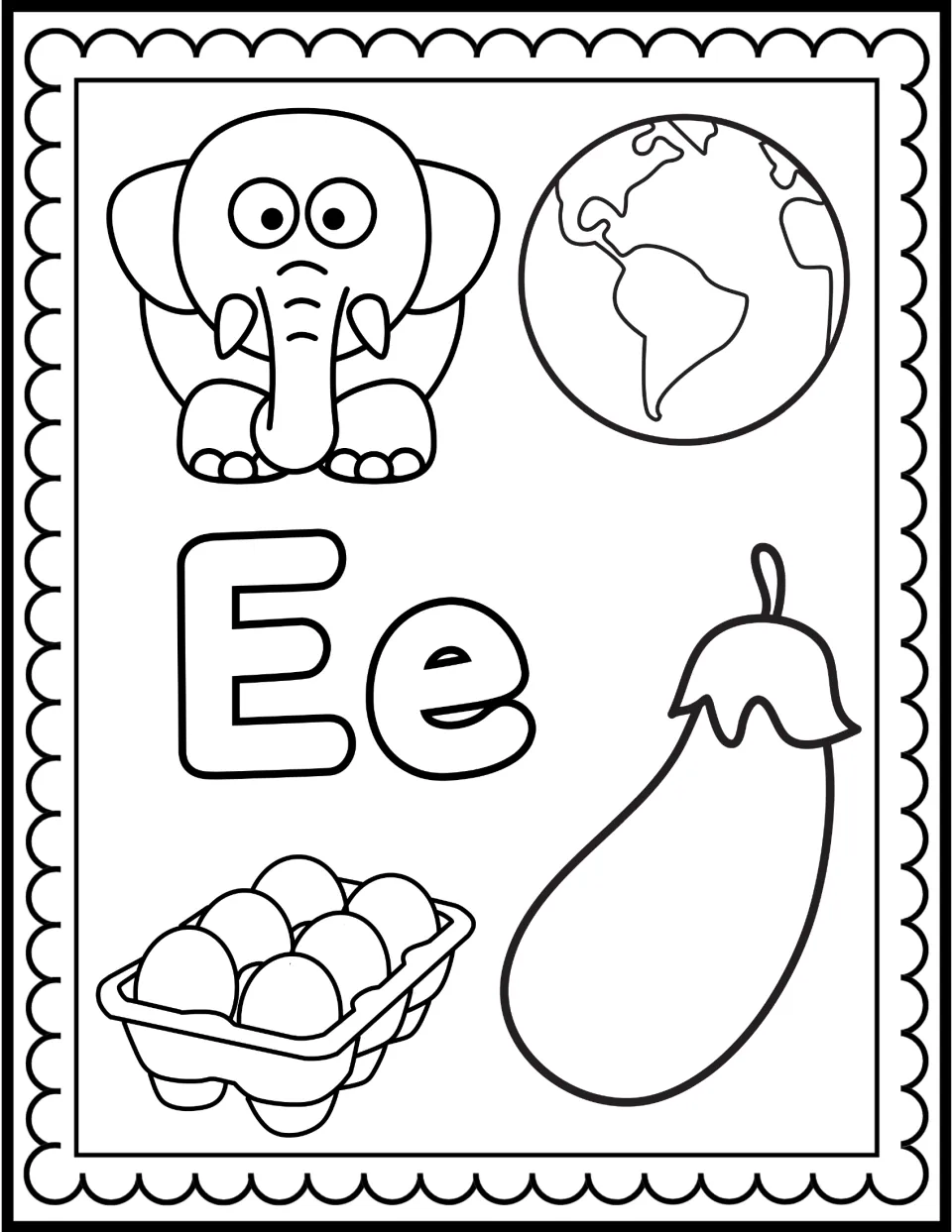 Letter Ee coloring page: bubble letters Ee surrounded by an elephant, Earth, a carton of eggs and an eggplant to color