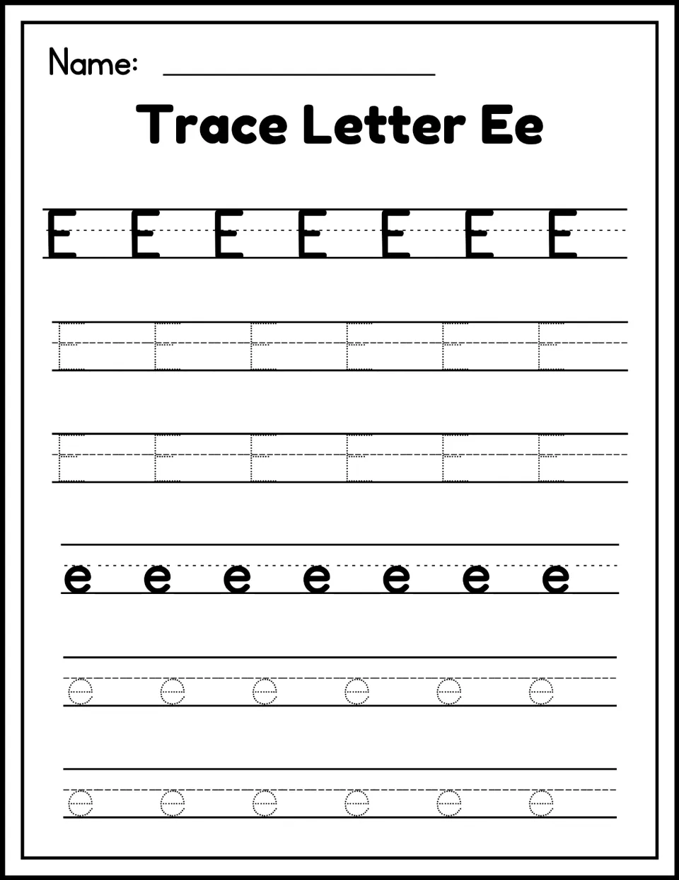 Trace Letter Ee: students write their name, then trace dotted uppercase E and lowercase e across six handwriting rows