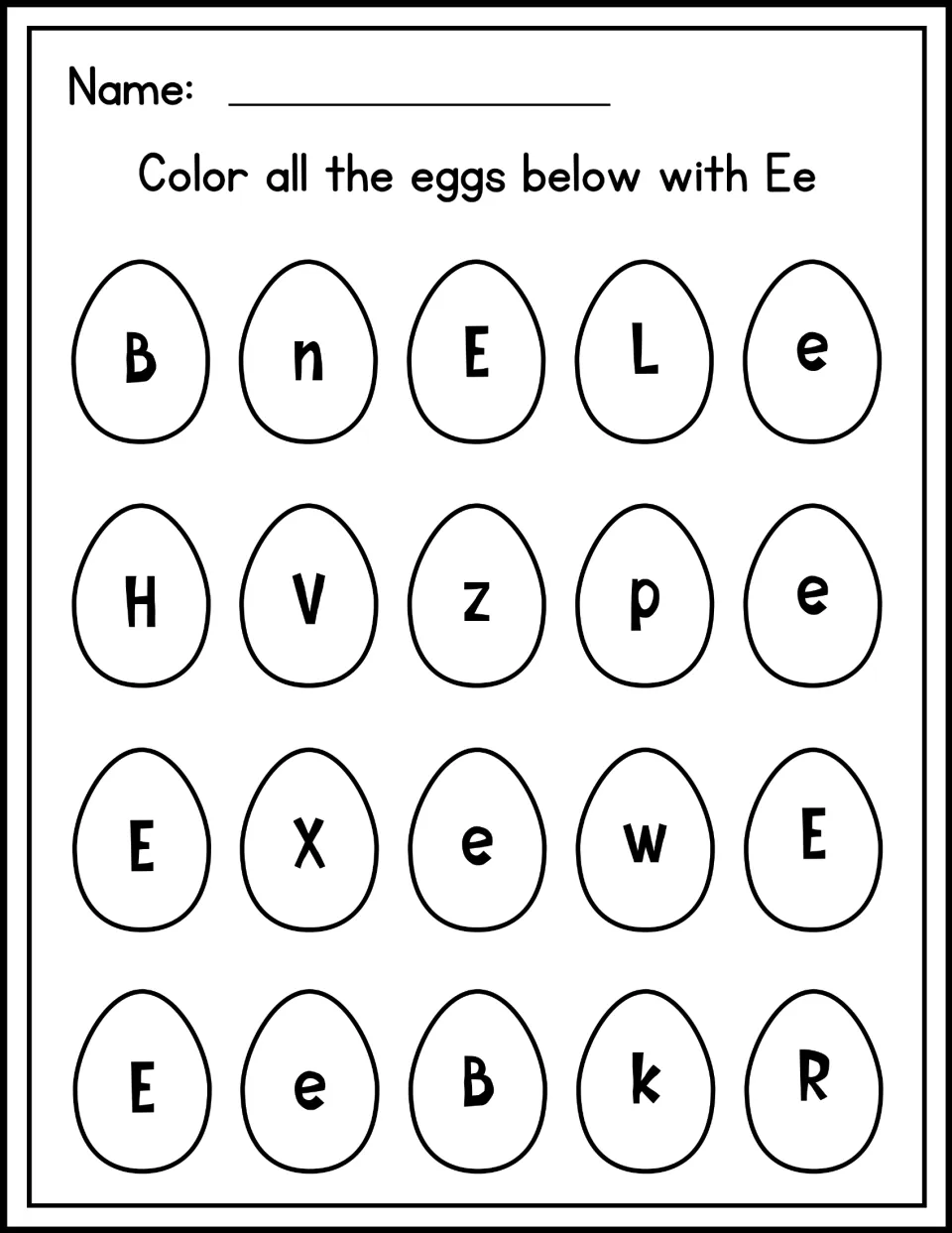 Letter E recognition: students color every egg showing uppercase E or lowercase e among 20 eggs with mixed letters