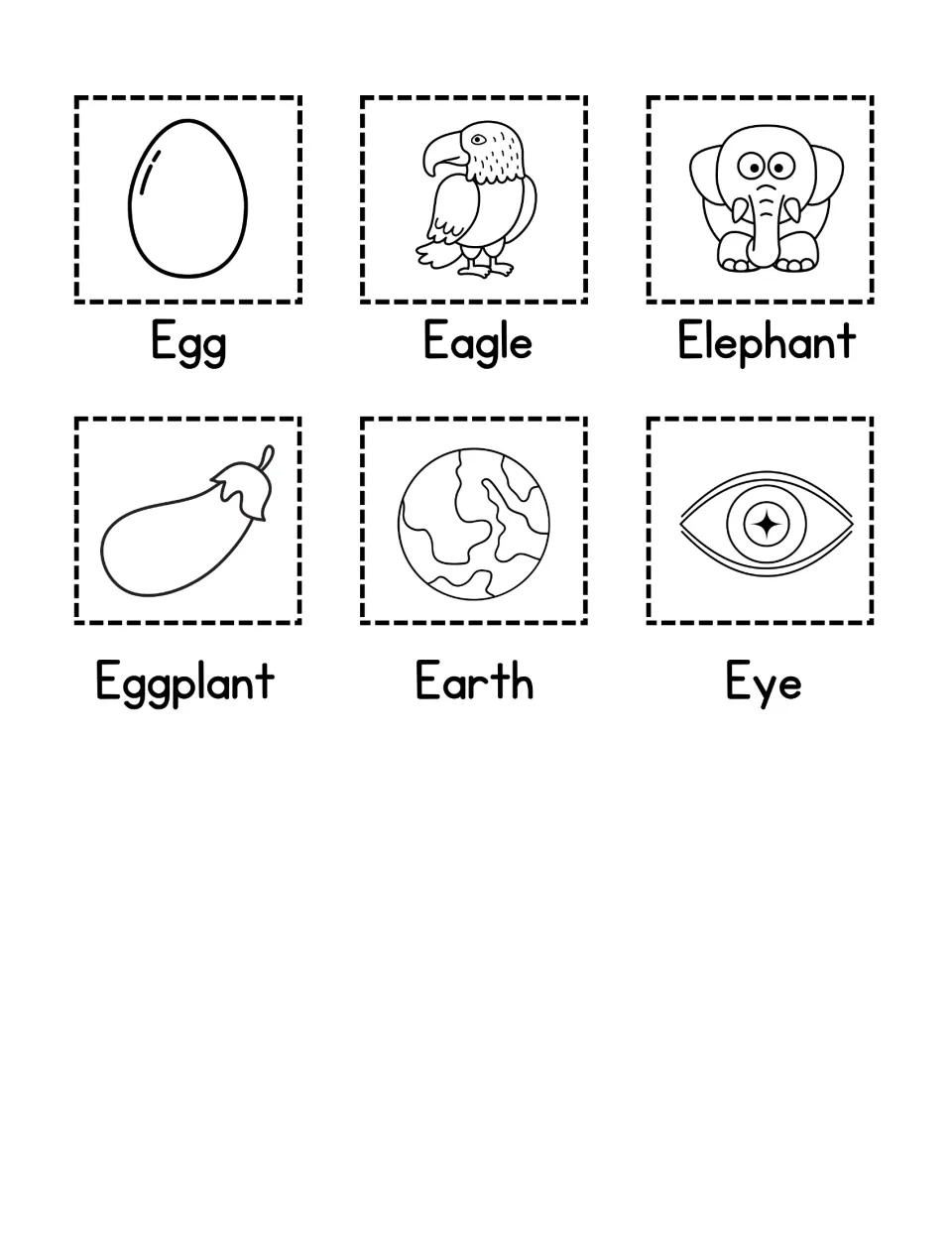 E picture word cards to cut out: Egg, Eagle, Elephant, Eggplant, Earth and Eye, each labeled for vocabulary practice
