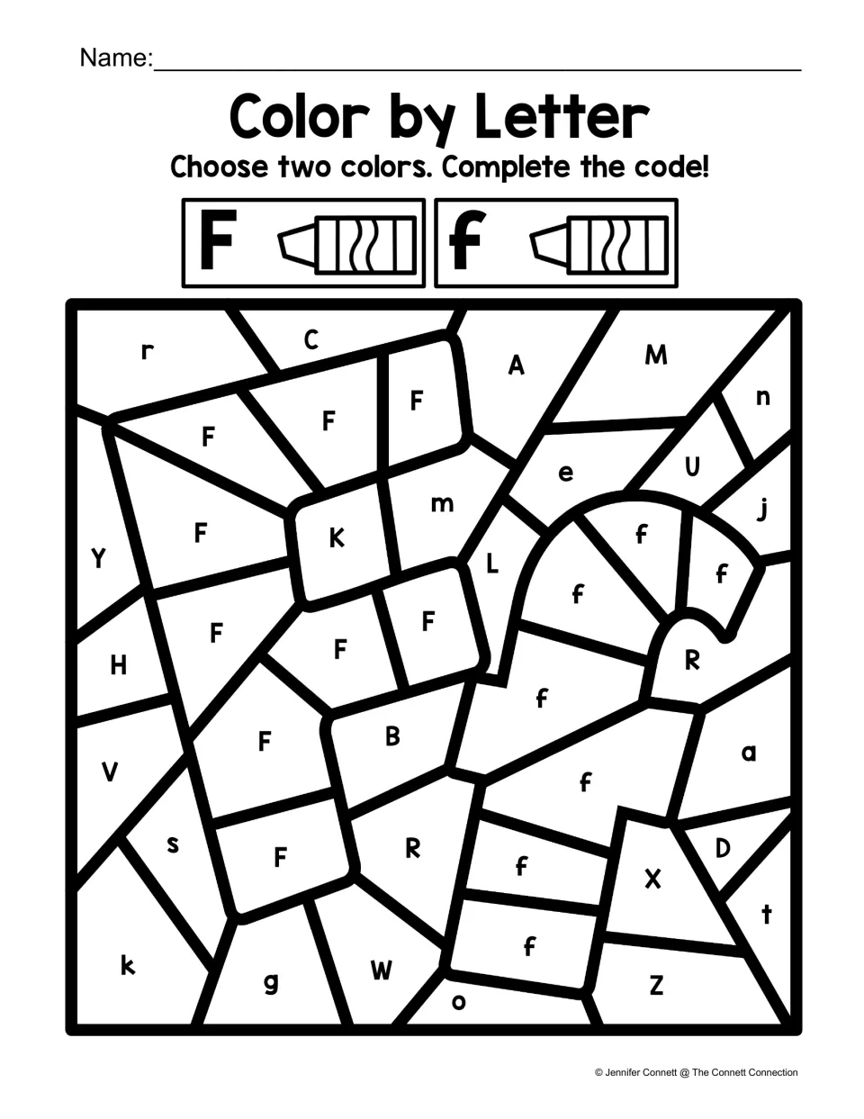 Letter F color-by-code worksheet showing large F and f shapes, with separate colors for uppercase and lowercase.
