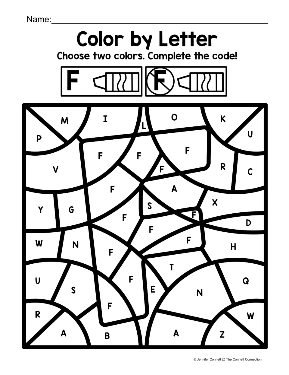 Uppercase F color-by-code worksheet featuring a large F shape, using two colors for F and other letters.
