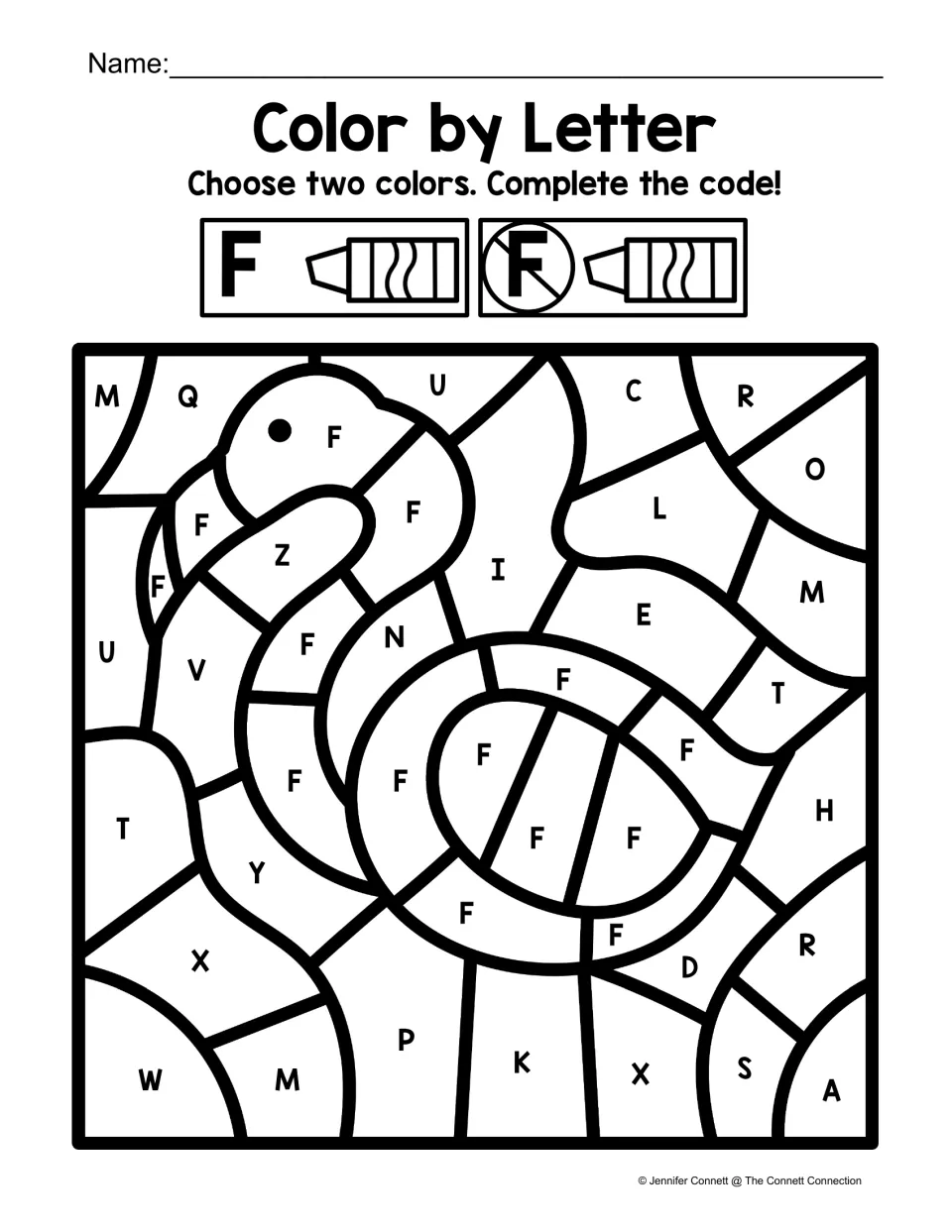 Flamingo color-by-code worksheet for recognizing uppercase F, using one color for F and another for other letters.