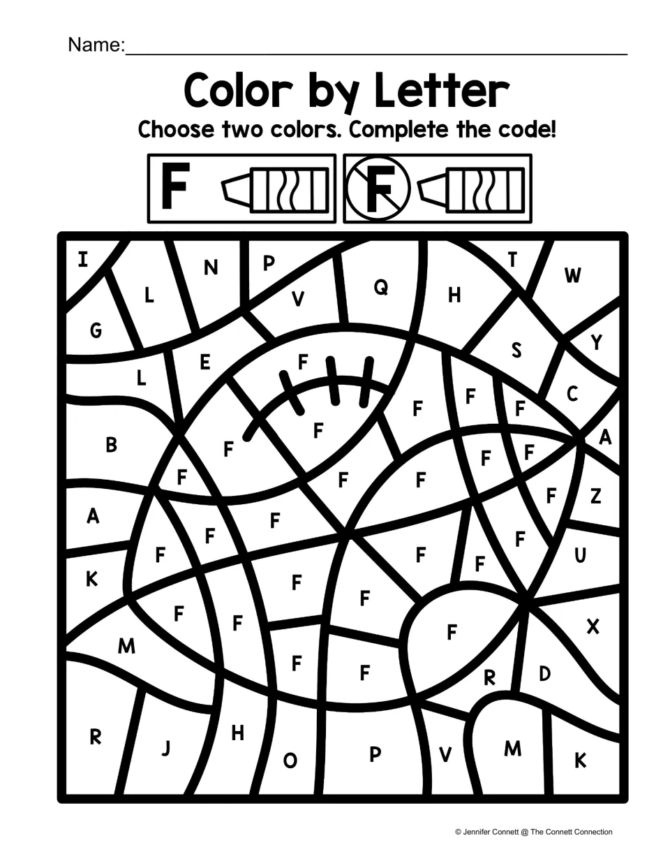 Football color-by-code worksheet for recognizing uppercase F, using two colors to separate F from other letters.