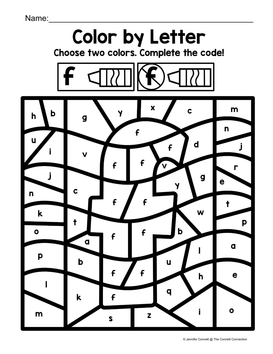 Lowercase f color-by-code worksheet featuring a large f shape, using two colors for f and other letters.