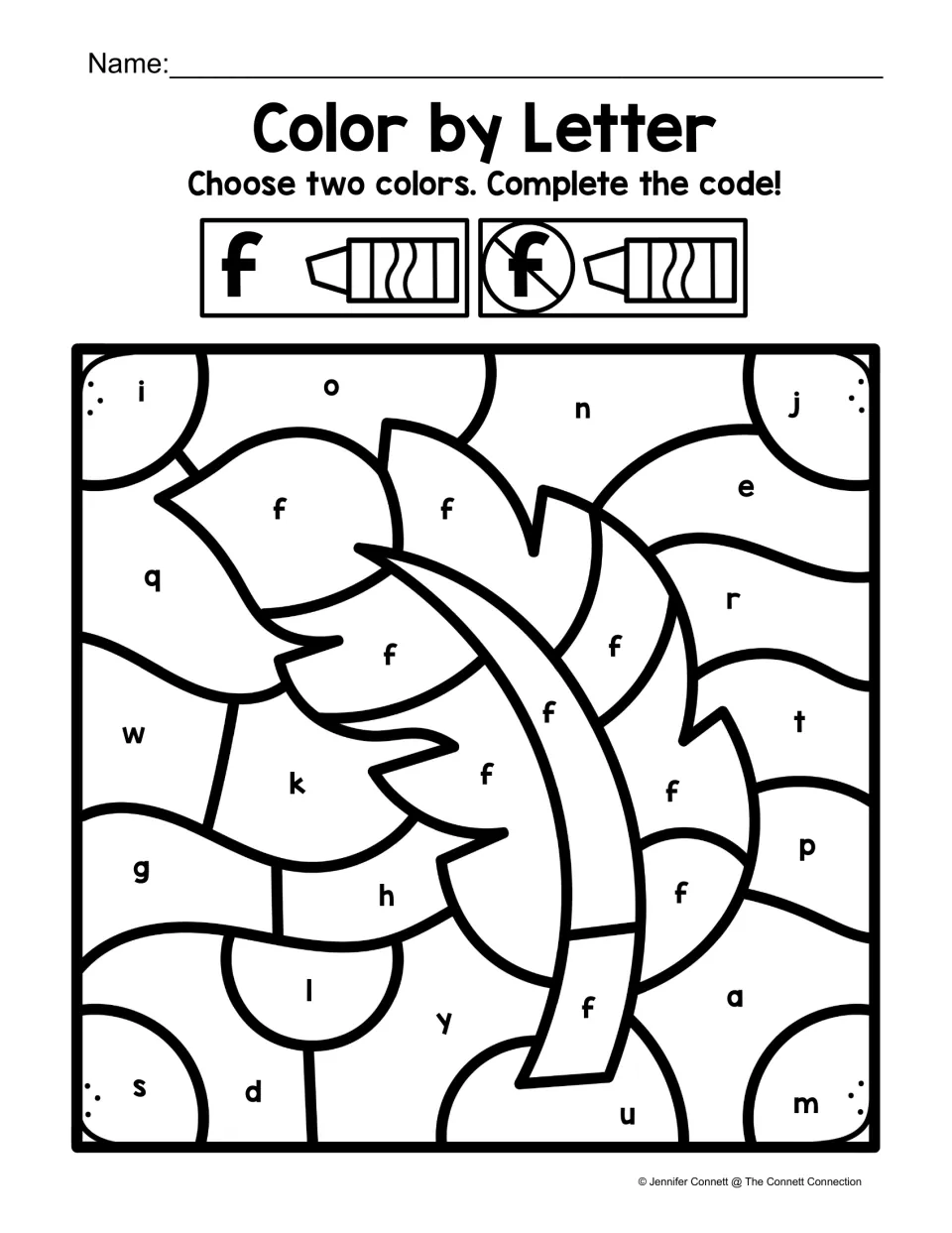Feather color-by-code worksheet for recognizing lowercase f, using one color for f and another for other letters.