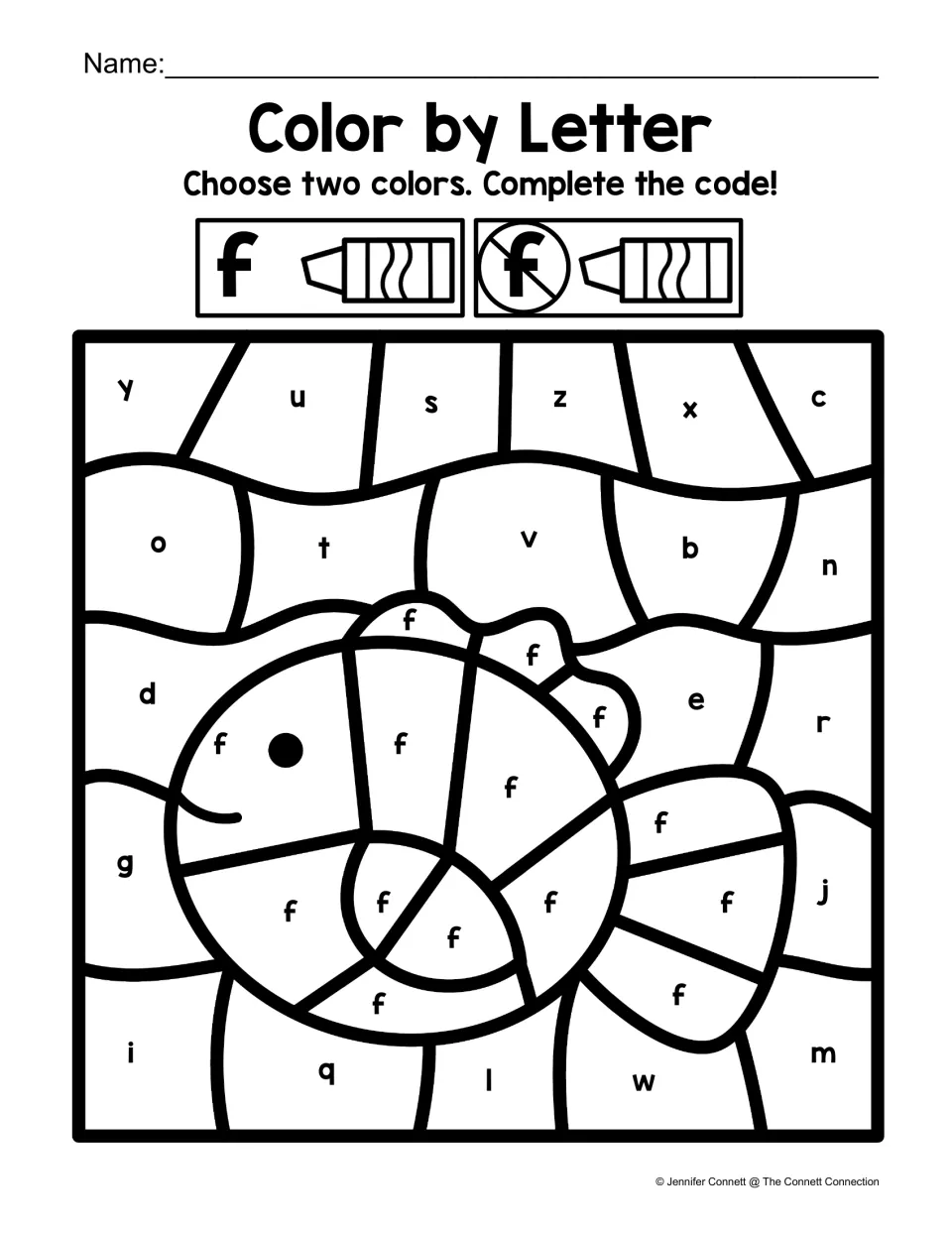 Fish color-by-code worksheet for recognizing lowercase f, using two colors to distinguish f from other letters.