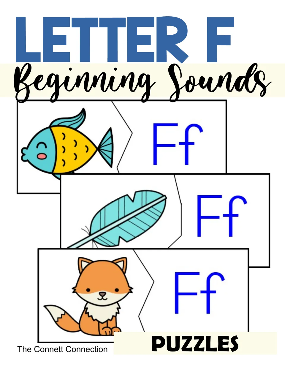 Letter F beginning sounds cover: two-piece puzzles that pair a fish, feather and fox picture with an Ff letter card