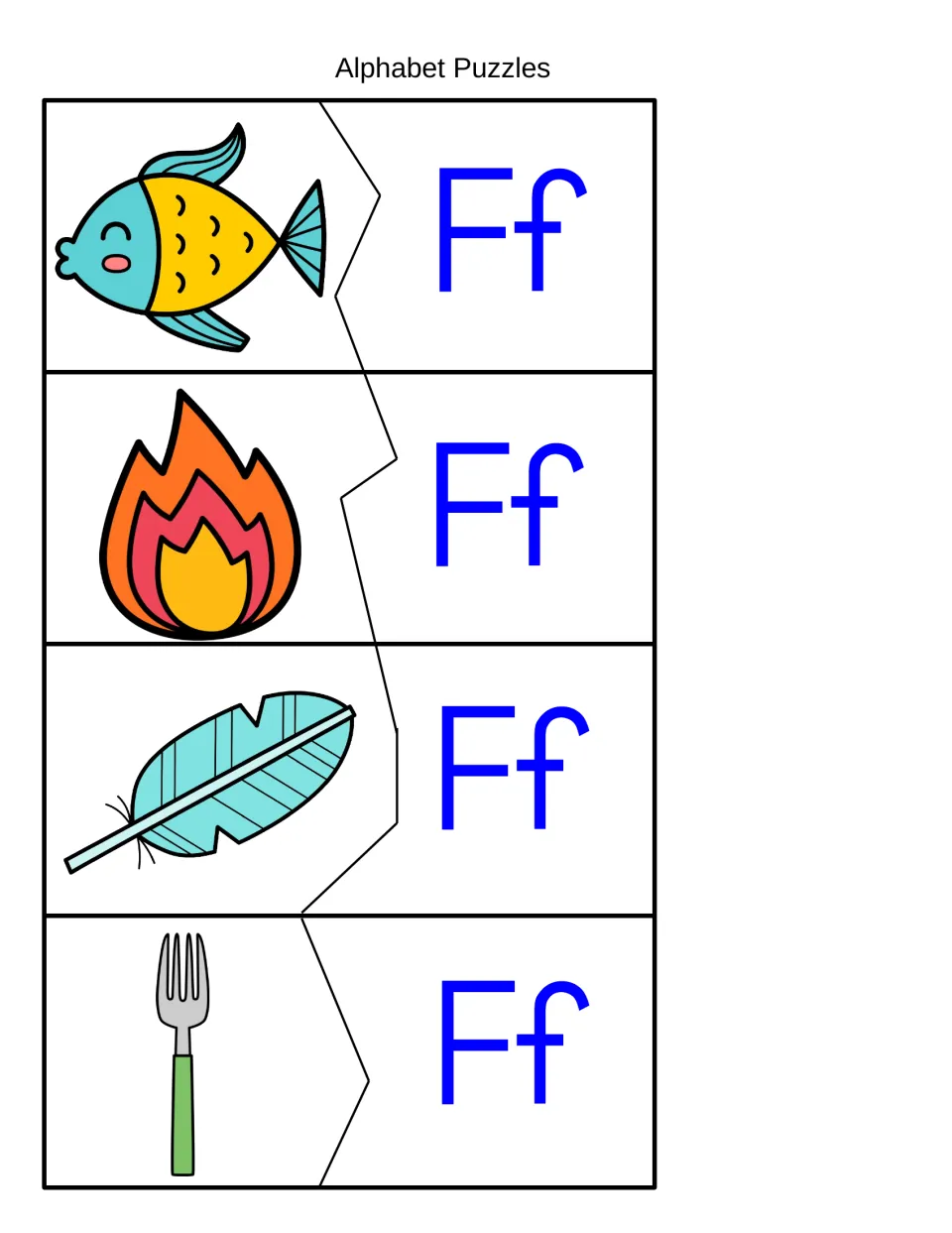 Alphabet Puzzles with fish, fire, feather and fork: students join each picture to its Ff piece to hear the /f/ sound