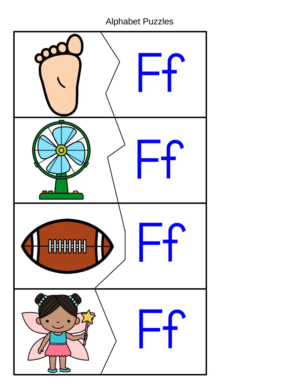 Alphabet Puzzles with foot, fan, football and fairy: students match each picture to an Ff half, saying its first sound