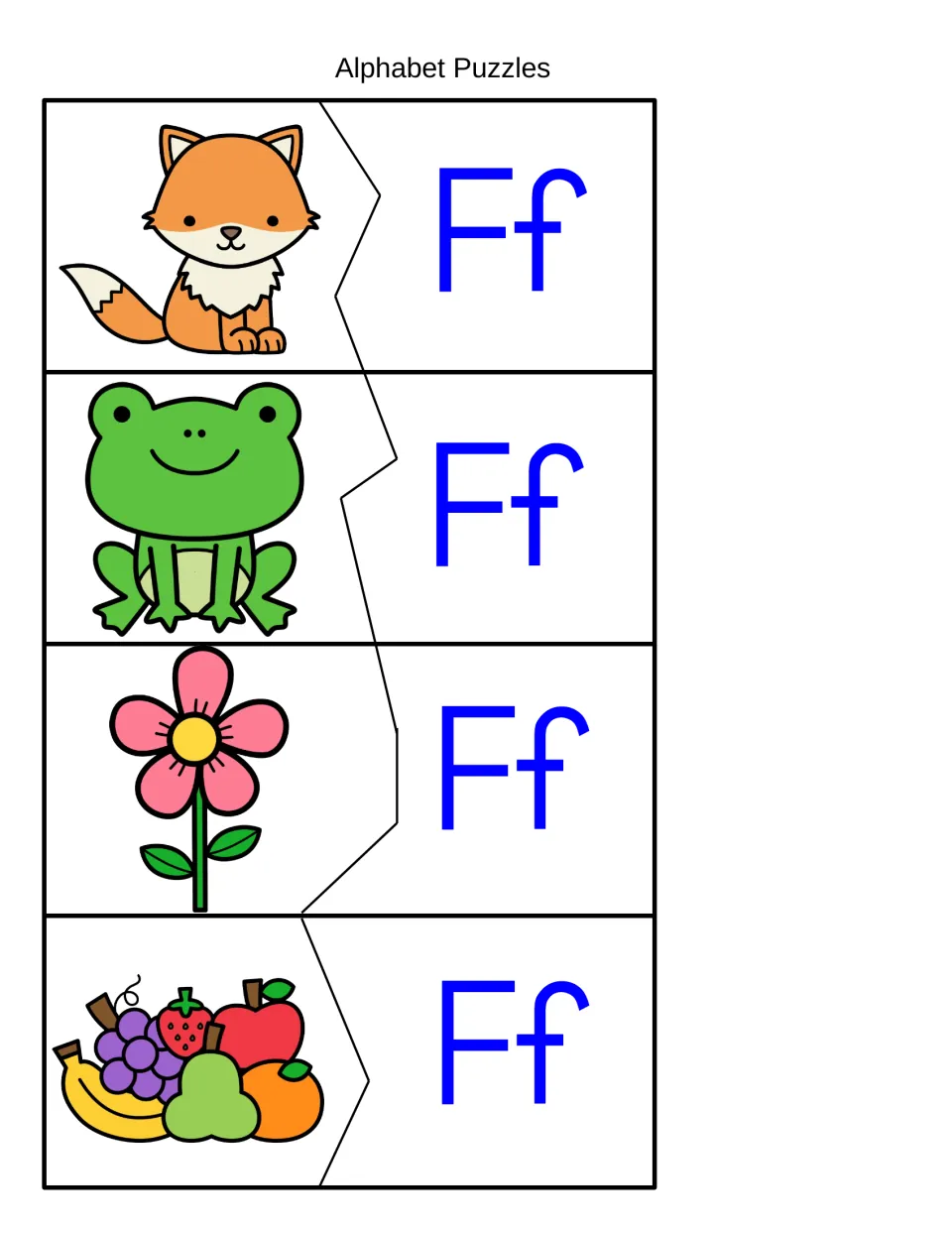 Alphabet Puzzles with fox, frog, flower and fruit: students fit each picture to its Ff piece to match beginning sounds
