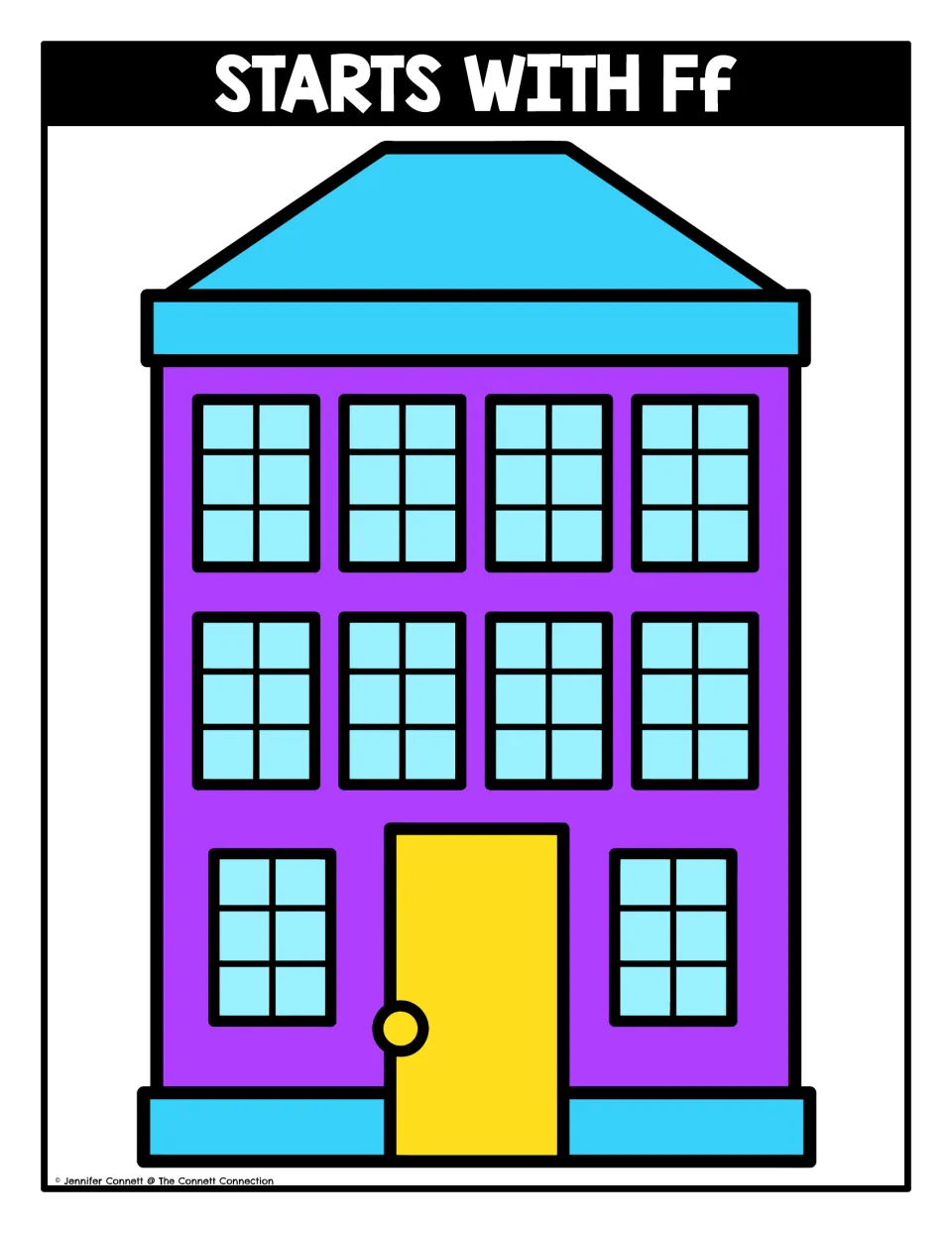 Letter F sorting mat headed Starts With Ff: students place picture cards for F words on a purple building