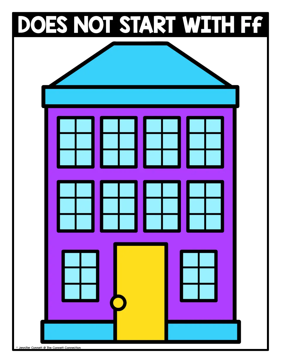 Sorting mat headed Does Not Start With Ff: students place picture cards for words without the F sound on a building