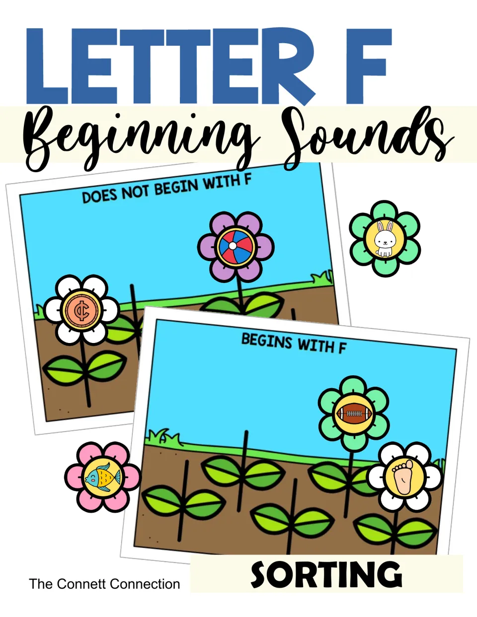 Letter F beginning sounds sorting cover: flower picture cards placed on Begins With F and Does Not Begin With F garden mats