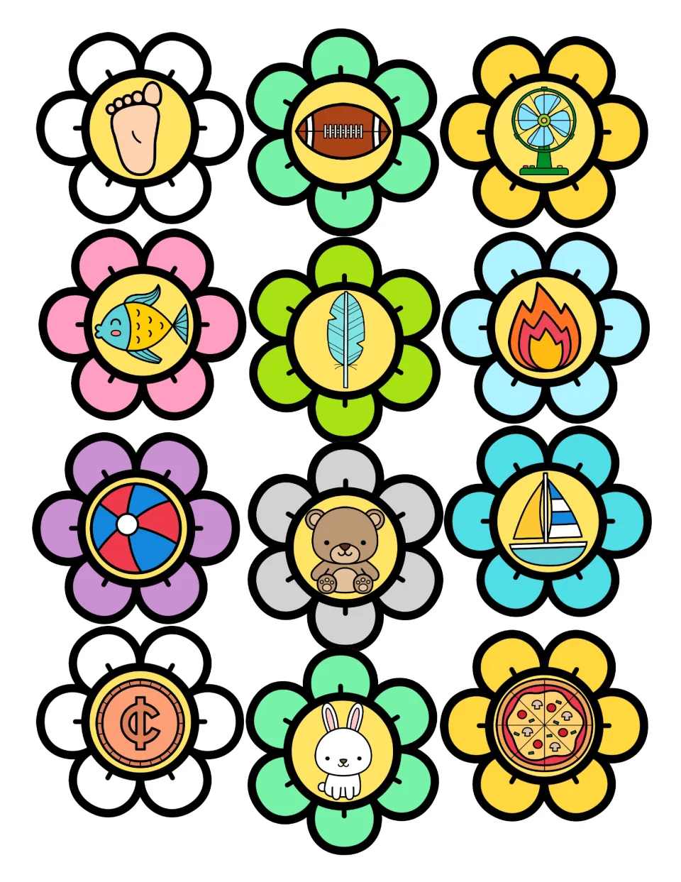 Flower picture cards to cut out: foot, football, fan, fish, feather, fire, beach ball, bear, sailboat, cent, bunny and pizza