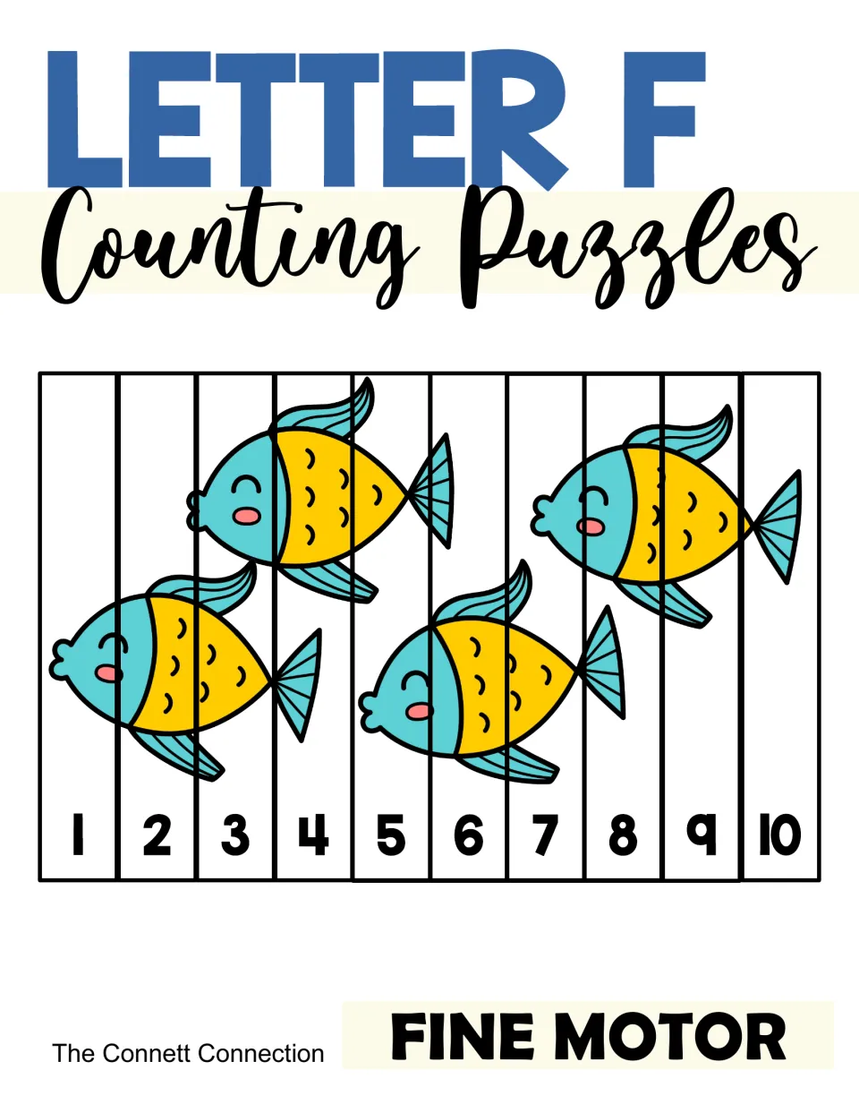 Letter F Counting Puzzles cover: a fish picture cut into 10 numbered strips that students put in order from 1 to 10