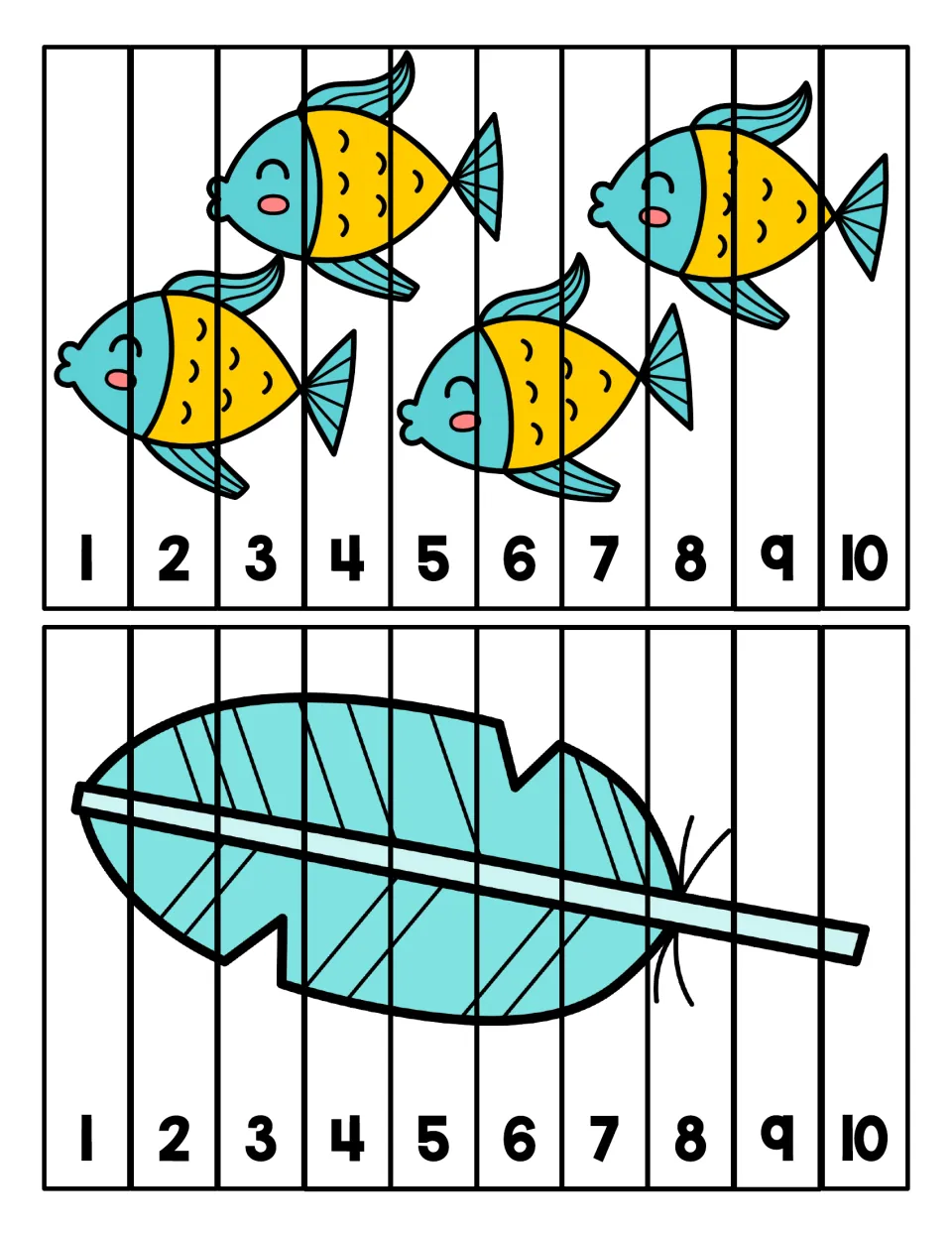 Fish and feather puzzles: students cut apart strips numbered 1 to 10 and order them to rebuild each F picture