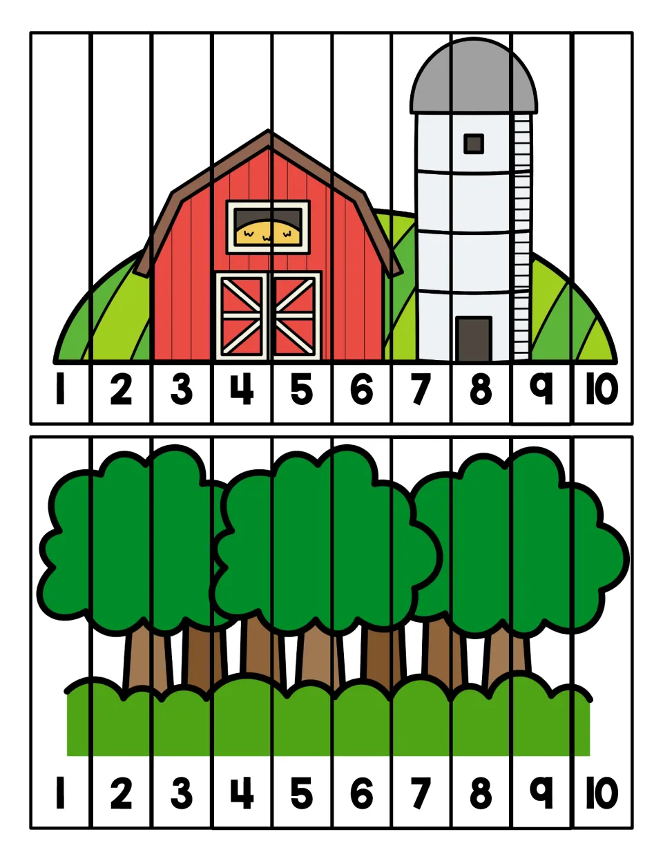 Farm and forest puzzles: students order strips numbered 1 to 10 to rebuild a red barn with silo and a row of trees