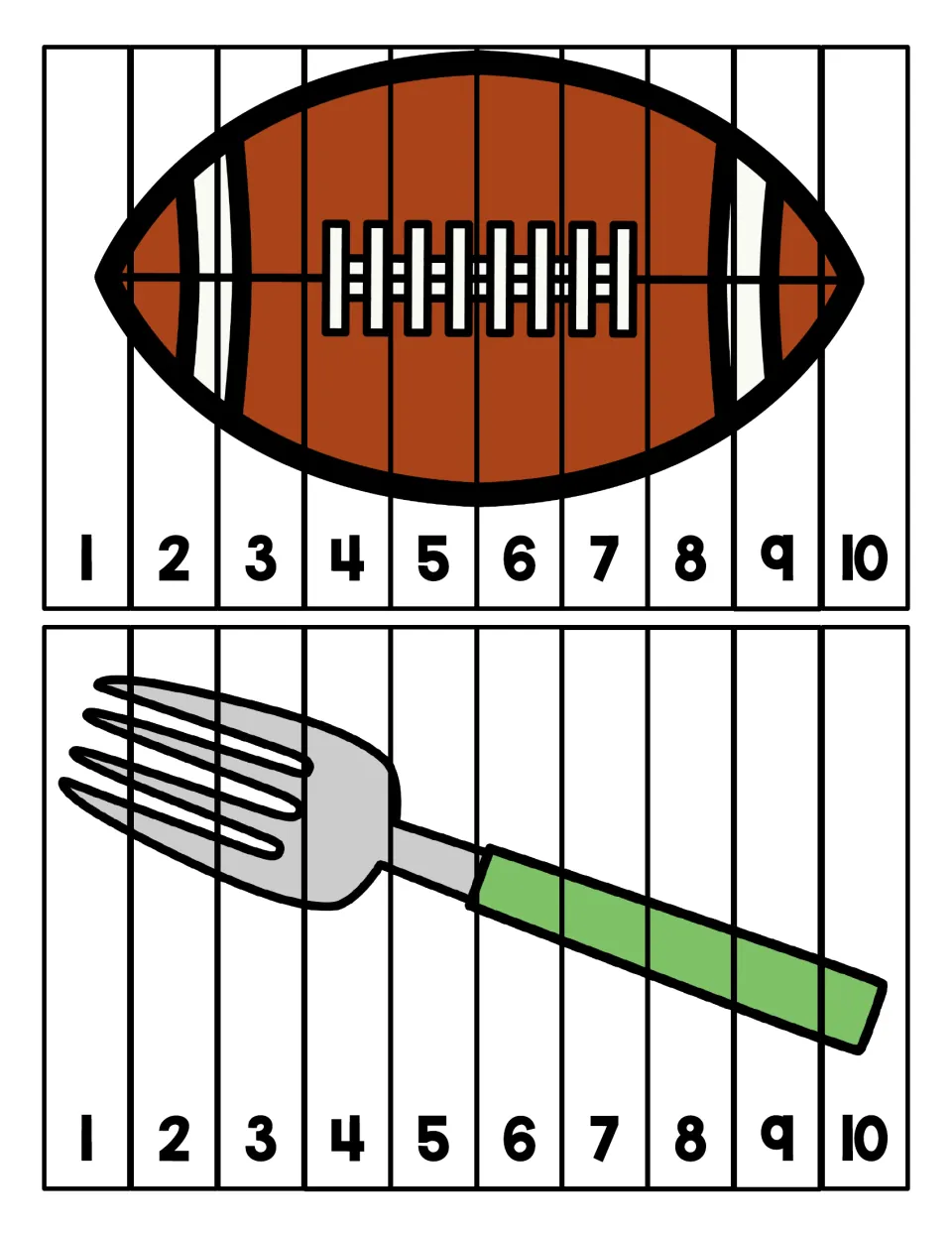 Football and fork puzzles: students put strips numbered 1 to 10 in counting order to complete each letter F picture
