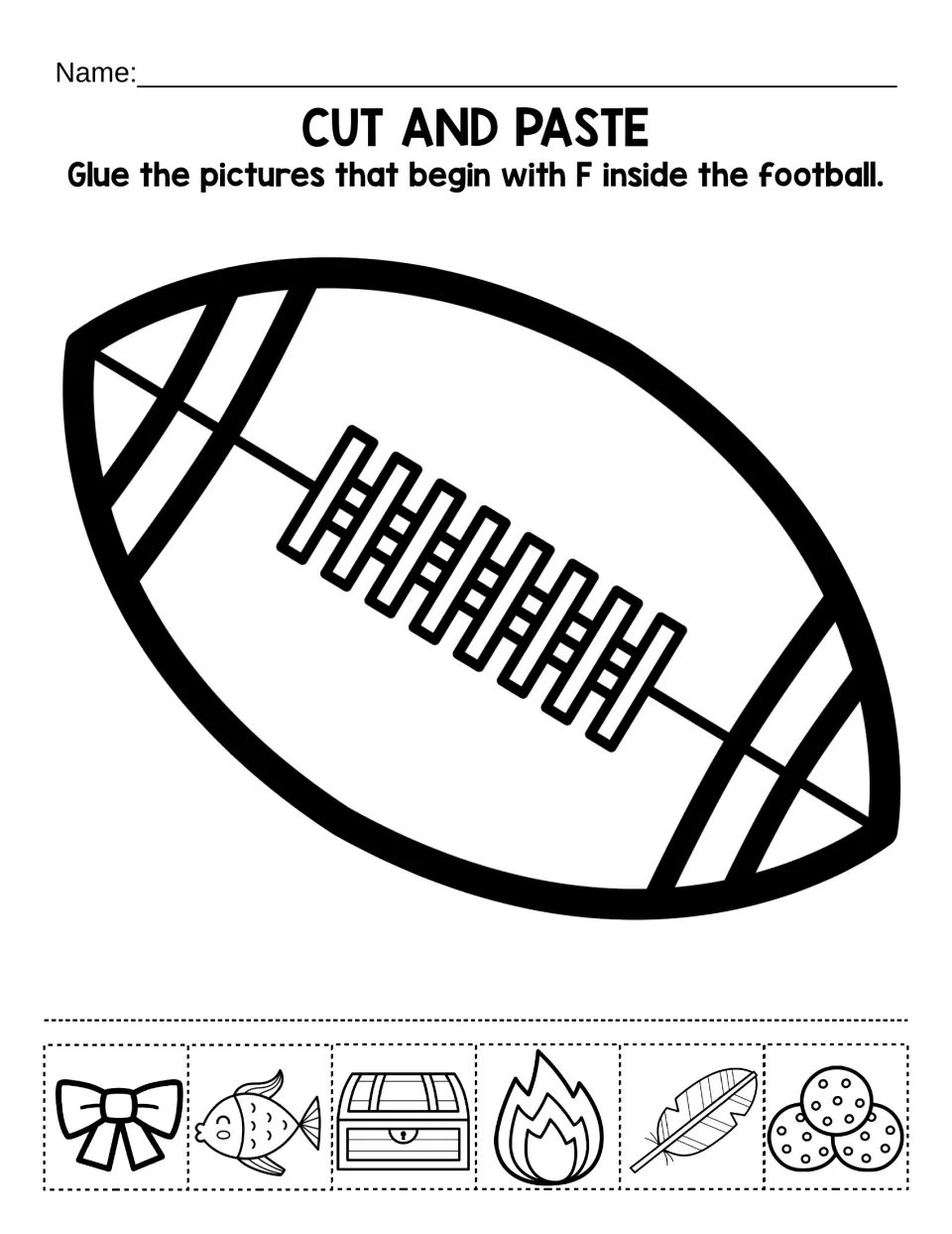 Beginning sound F: students cut out six pictures such as fish, fire and feather and glue the F words inside a football