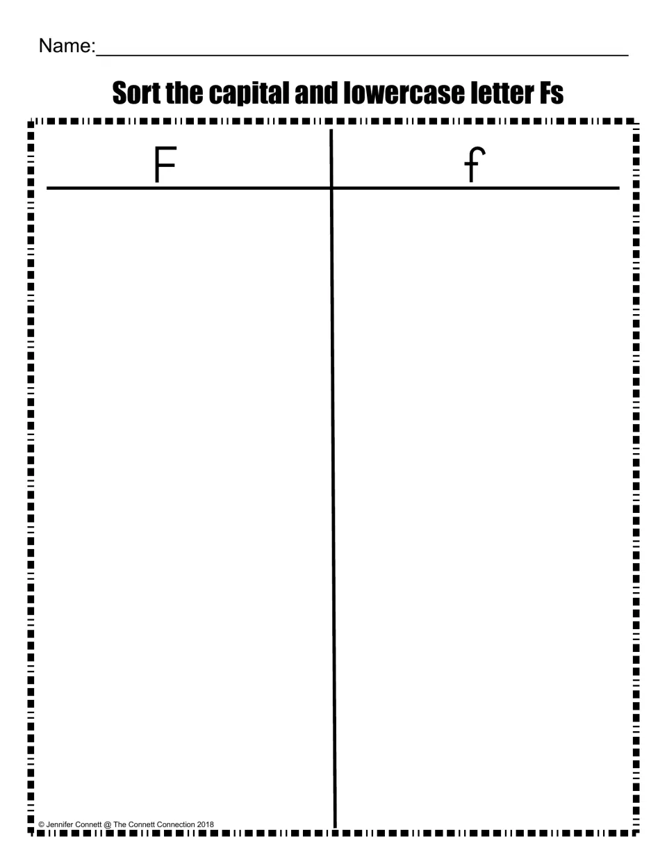 Capital and lowercase F sort: blank sorting mat headed F and f where students place uppercase and lowercase letters
