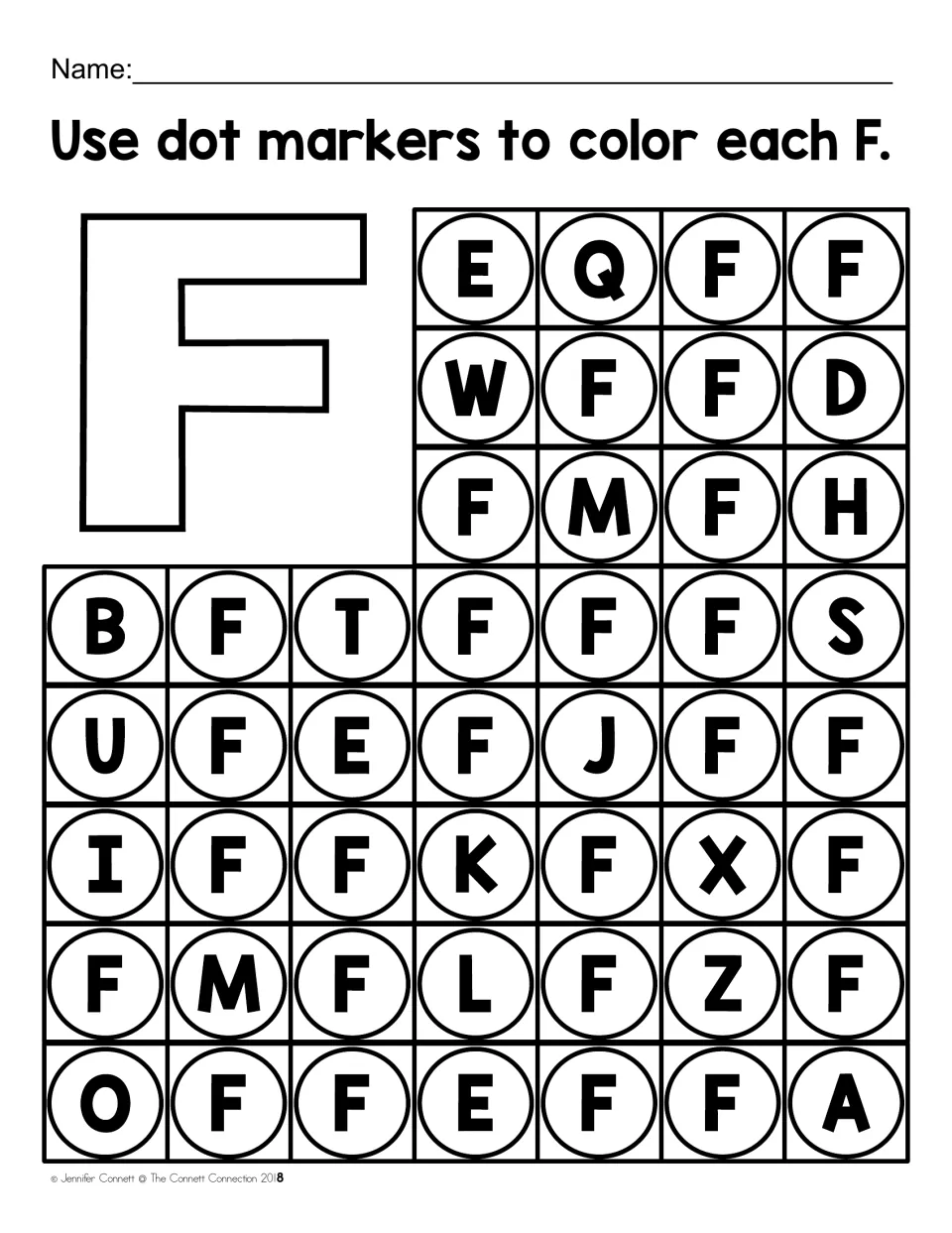 Uppercase F dot-marker practice: find and color each F among letters including E, Q, W, D, M, and H.