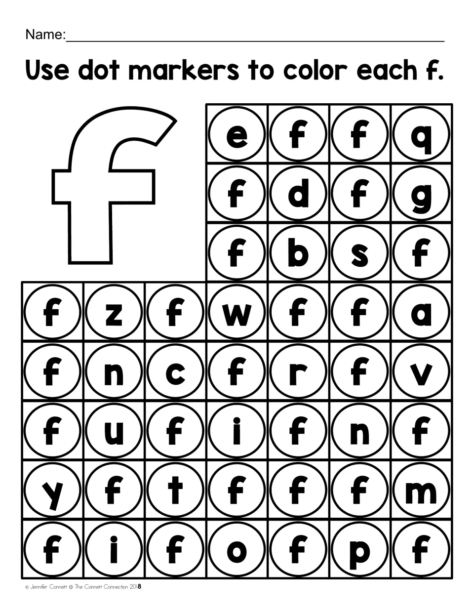 Lowercase f dot-marker practice: find and color each f among letters including e, q, d, g, b, and s.