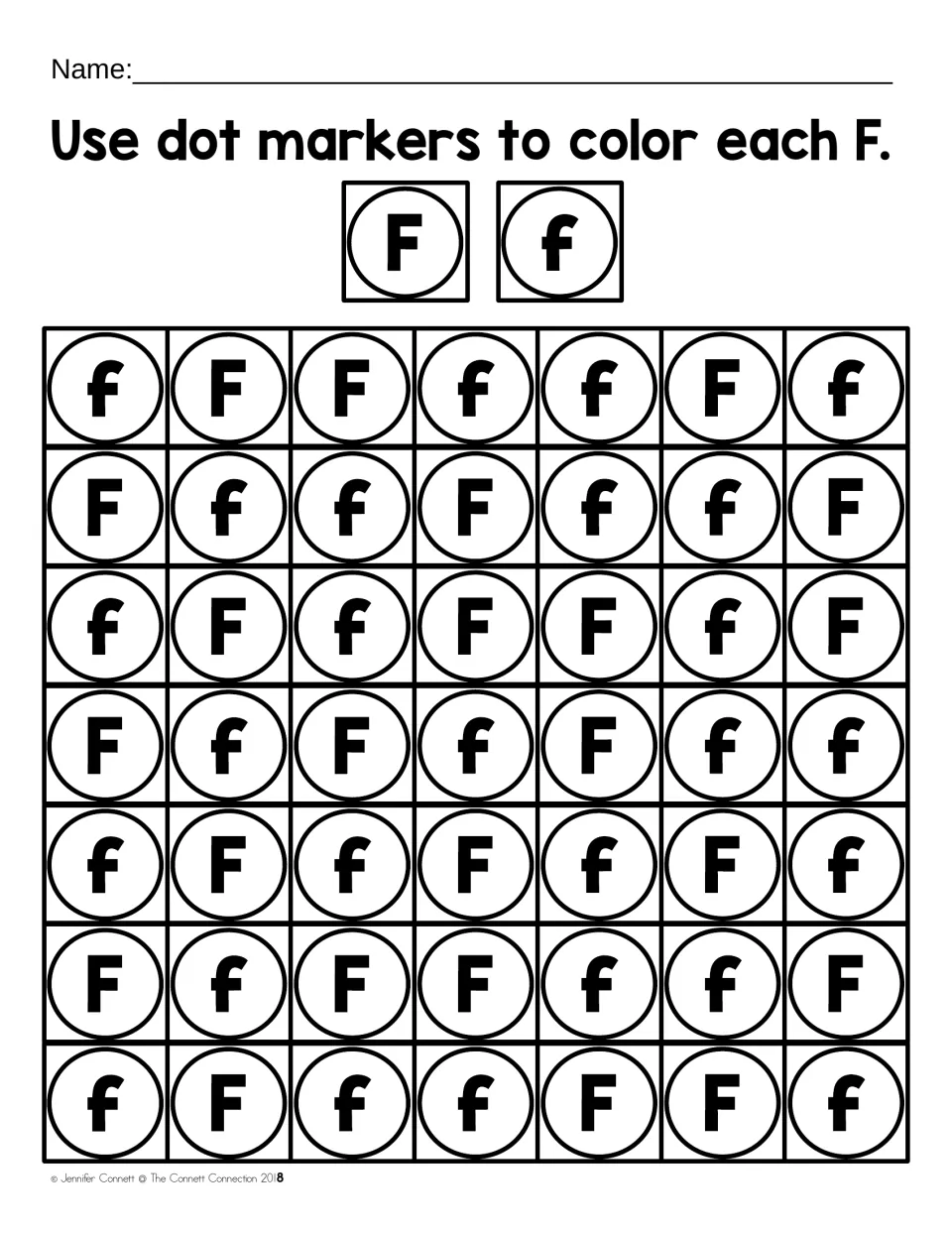 Mixed-case F dot-marker practice featuring uppercase F and lowercase f, with both forms shown as examples.