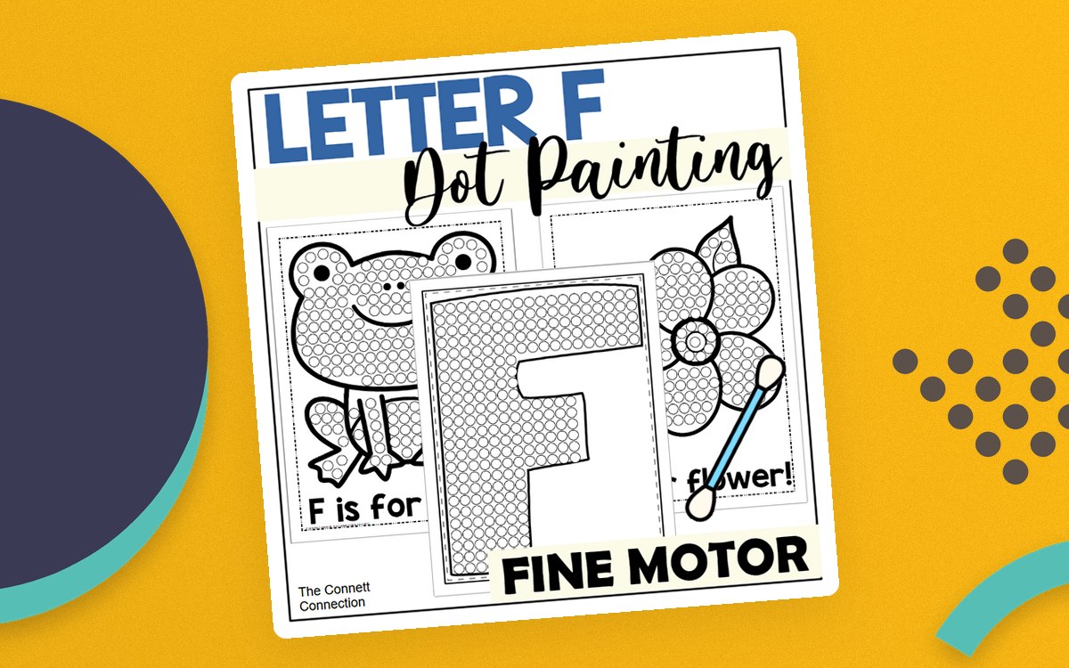 Letter F dot-painting cover showing fish, firefly, flower and frog pages around a large patterned uppercase F.