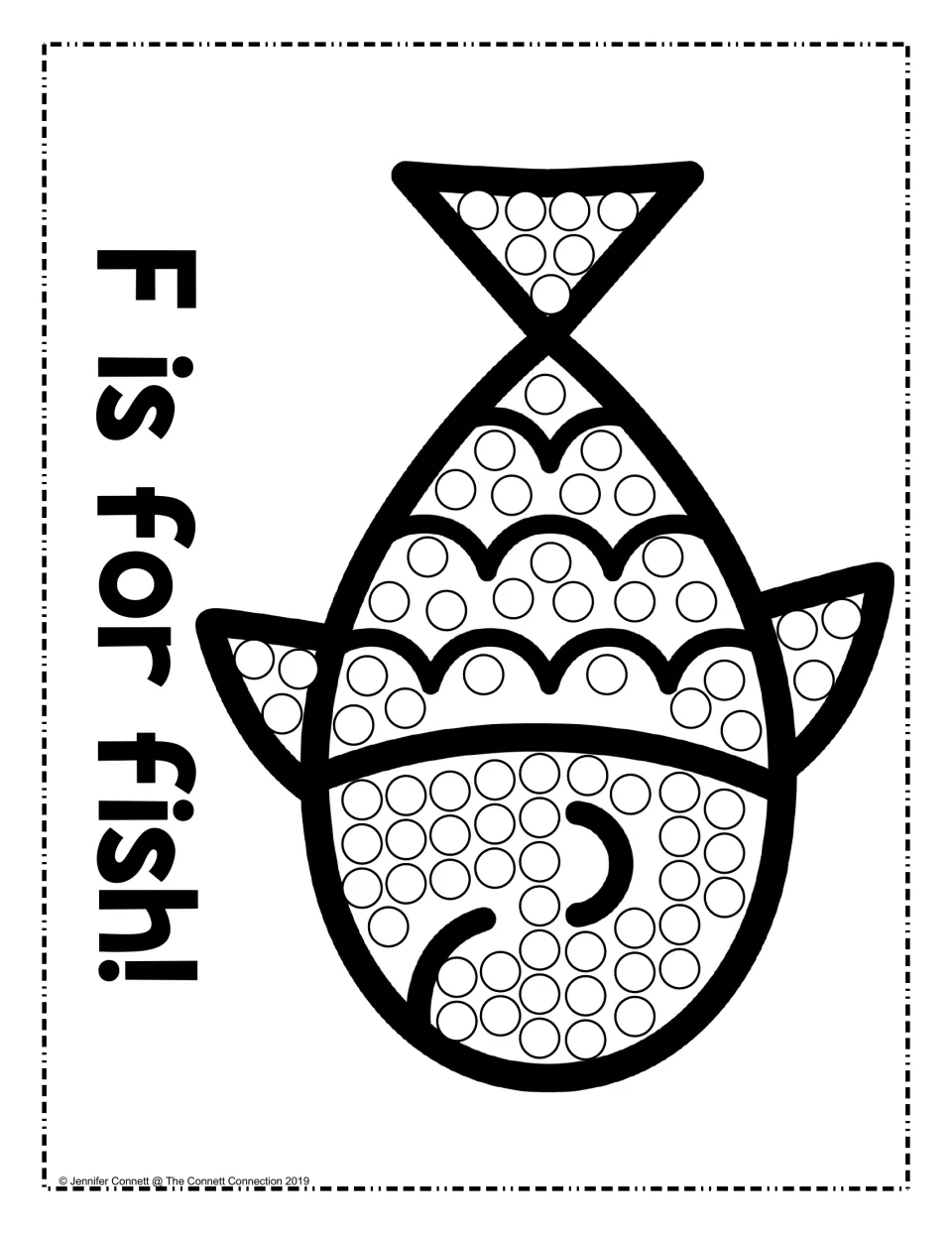F is for fish: students dab a dot marker in every circle on the scales, fins and tail to practise the letter F sound