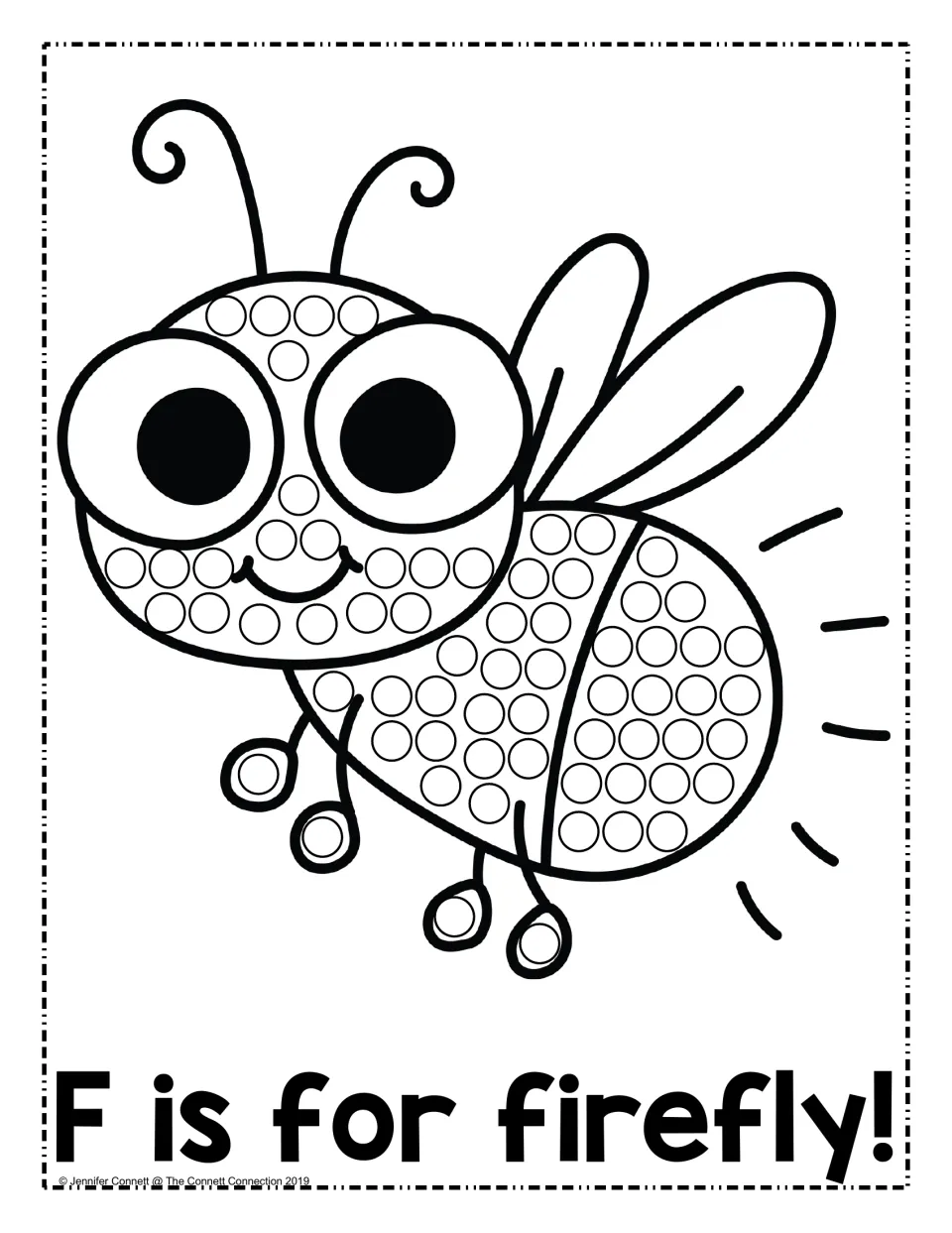 F is for firefly: students dot-paint each circle on a smiling firefly's head, body and glowing tail to match F